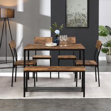 Powerwill Esstisch Esstisch Stuhl und Bank Set 6 Holz Stahlrahmen Industrie Stil Küche
