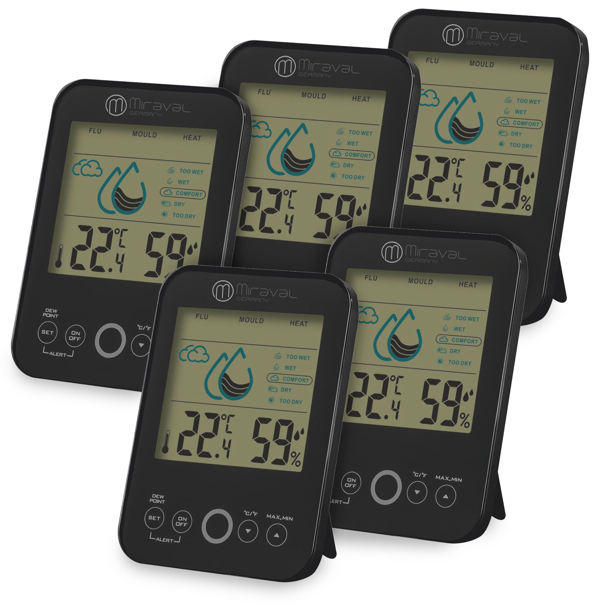 Miraval Klimamesser 5x Miraval Raumklimastation Schimmelwarner, (Inklusive Akku), Lüftungsempfehlung Hygrometer Temperaturstation