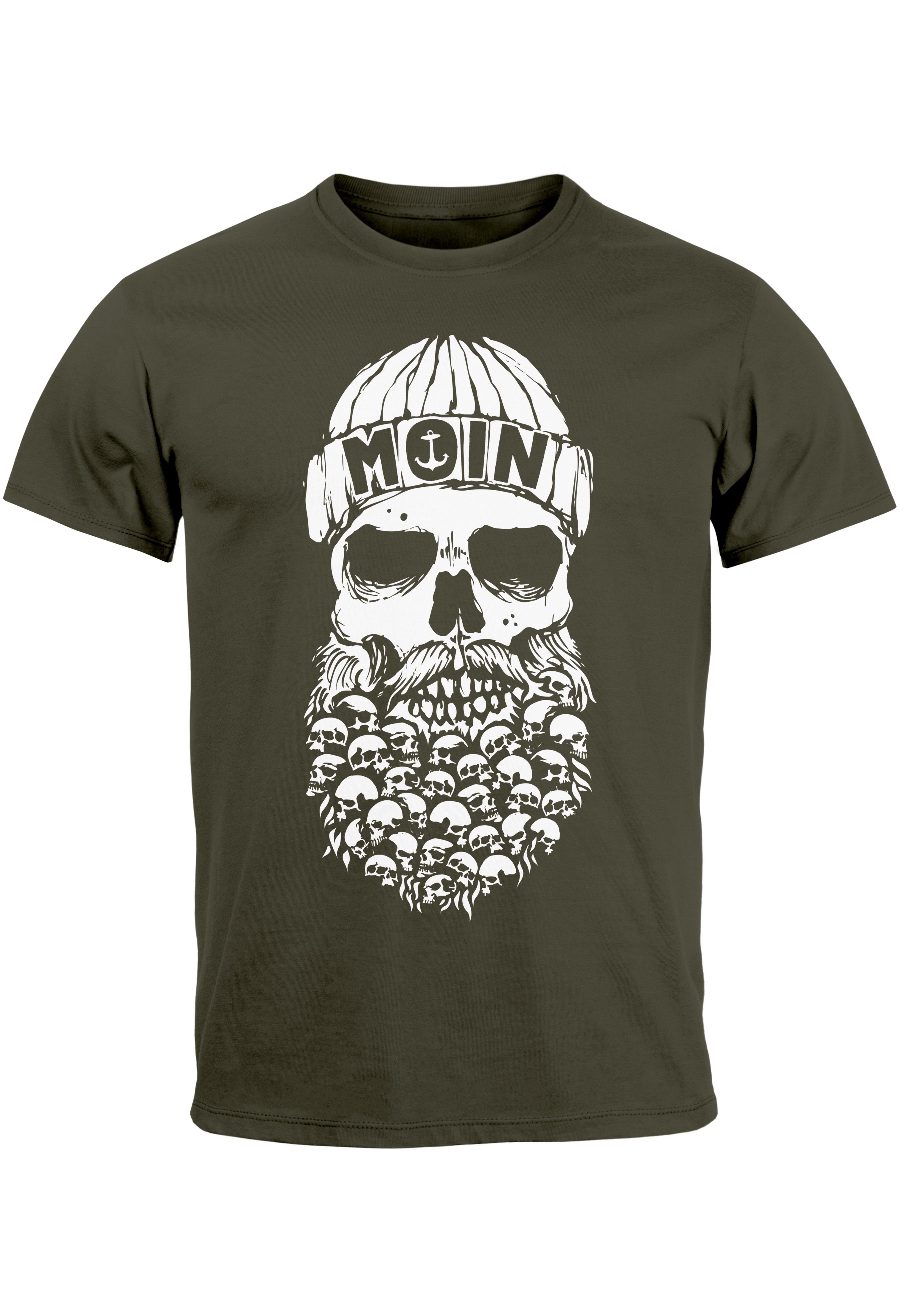 Neverless Print-Shirt Herren T-Shirt Totenkopf Nordisch Moin Hamburg Dialekt Skull Anker Fas mit Print army