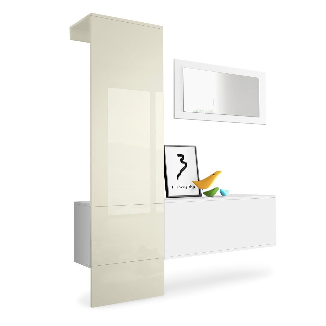 Vladon Garderoben-Set Carlton, (Wandgarderobe bestehend aus, 3-St., 1 Paneel, 1 Schrankmodul und 1 Wandspiegel), Weiß matt/Creme Hochglanz (156 x 193 x 35 cm)