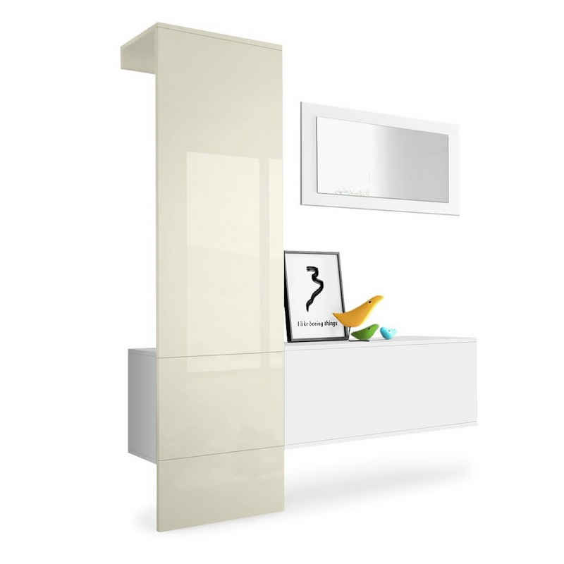 Vladon Garderoben-Set Carlton, (Wandgarderobe bestehend aus, 3-St., 1 Paneel, 1 Schrankmodul und 1 Wandspiegel), Weiß matt/Creme Hochglanz (156 x 193 x 35 cm)