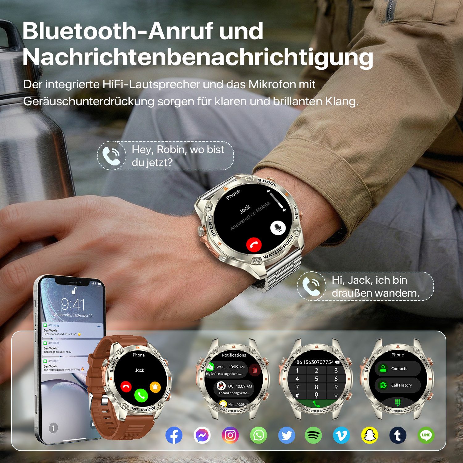 ANYSUN Smartwatch Herren Damen mit GPS, 1,43" AMOLED für den Outdoor-Einsatz Smartwatch (1,43 Zoll) Sportuhr mit 100+ Sportmodi-Puls-Schlaf-Schritte-Kalorien-Kilometer-Monitor, 5 ATM wasserdicht Fitnessuhr für Android iOS