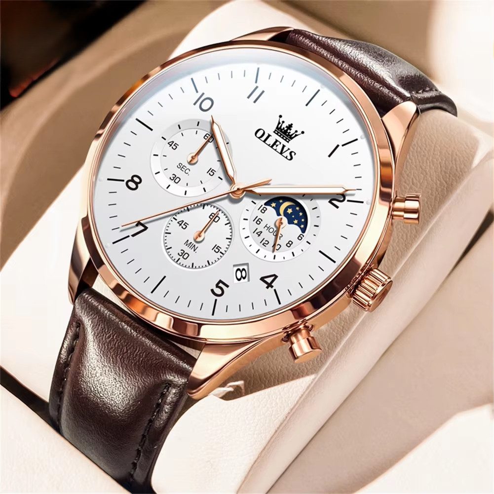 OLEVS Quarzuhr Herren Olevs Chronograph Uhr mit Tag & Nacht Anzeige, Lederarmband