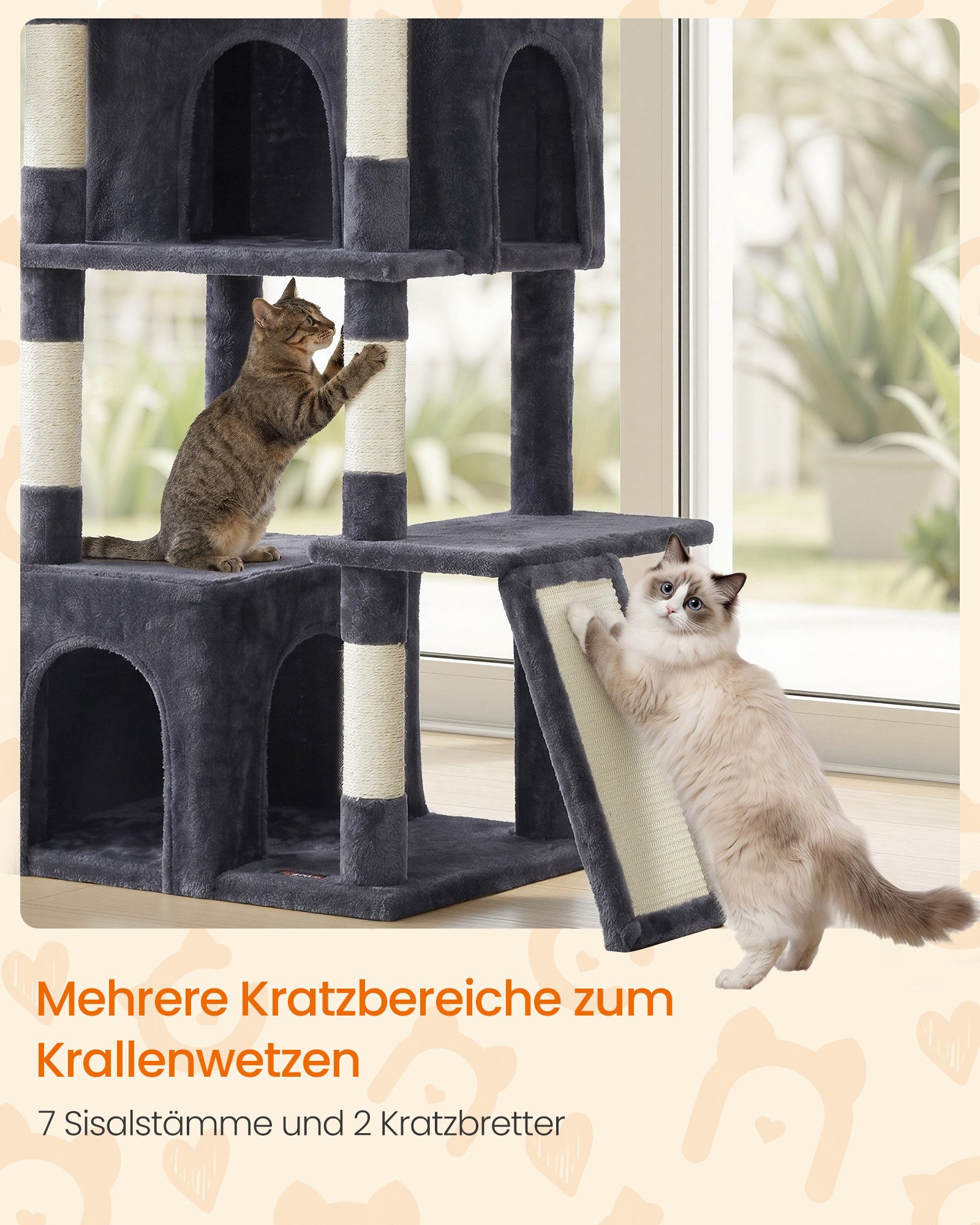 FEANDREA Kratzbaum Großer Katzenbaum mit Sisalstämmen, Mehrstöckiger Kletterbaum, mit Kratzbrett und Sisalstämmen für Große Katzen 55 x 45 x 185 cm