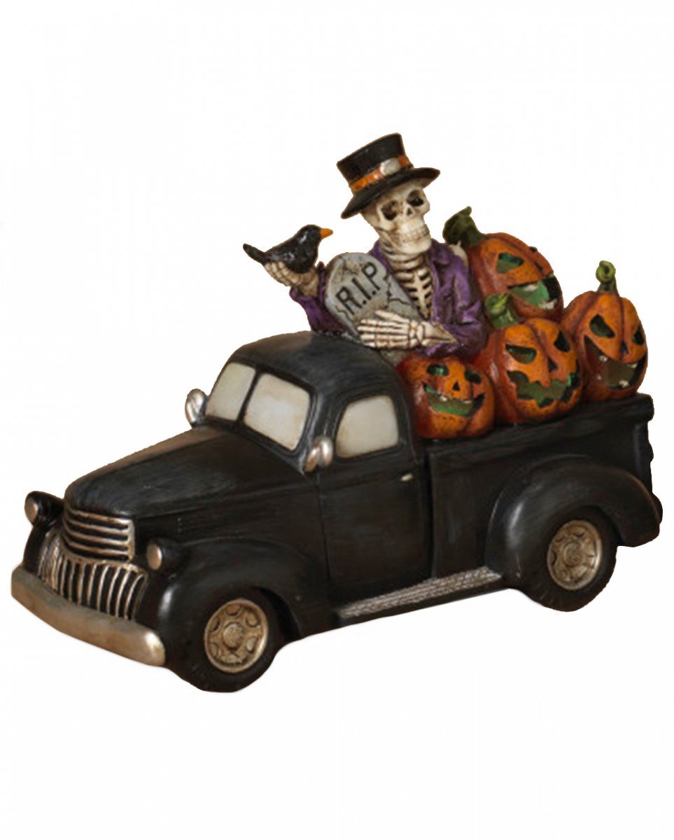 Horror-Shop Dekofigur Leuchtender Halloween Pick Up mit Skelett aus Kuns