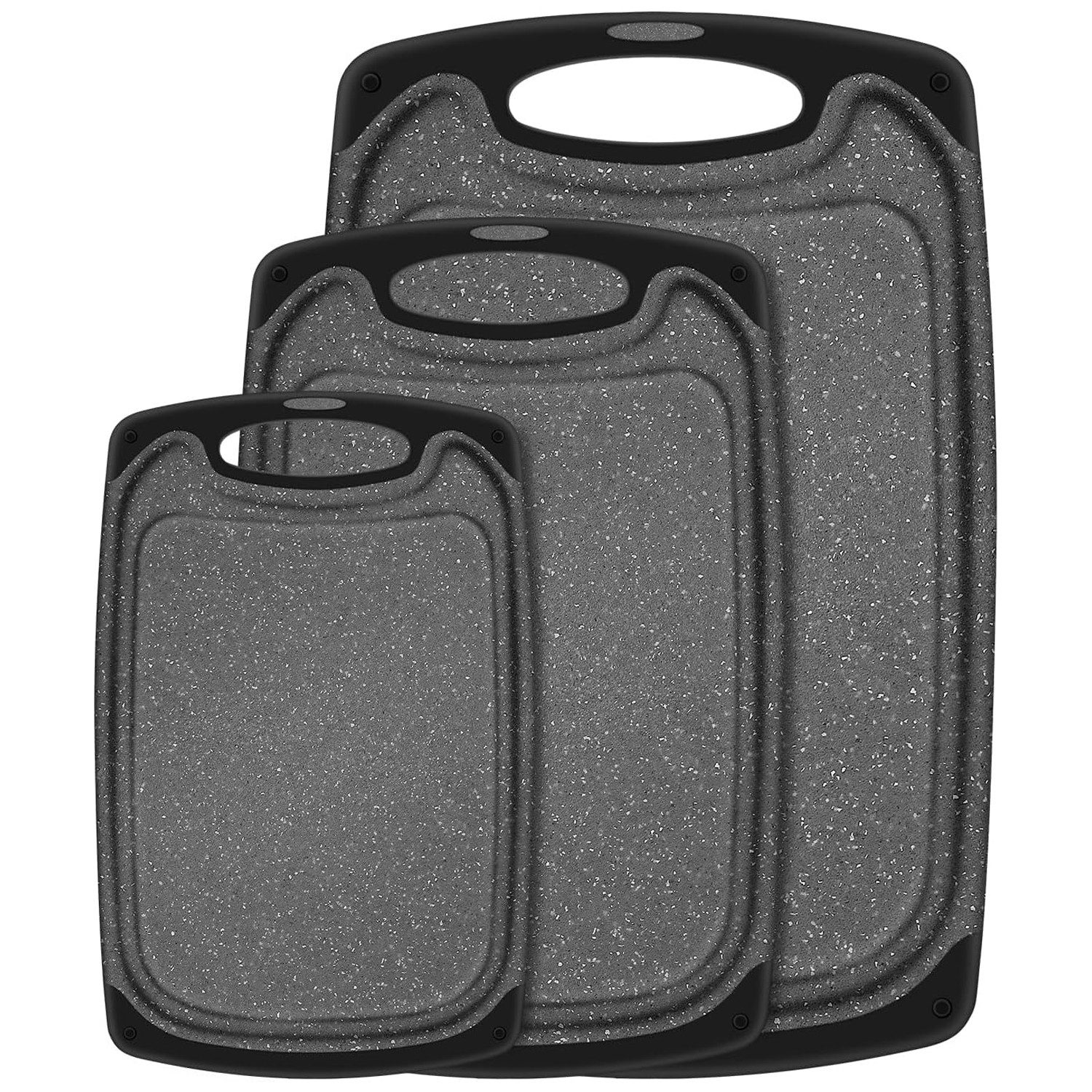 STILVORA Schneidebrett Küchenbrett Küchenutensil Schneidewerkzeug für Gemüse, Fleisch, Obst, Kunststoff, (mit Saftrillen und Rutschfeste Matten, 3-St., Groß (39,6 x 23,8 cm) Mittel (31,4 x 19,8 cm) Klein (24,3 x 14,5 cm), BPA-Frei Spülmaschinenfest 3 Extra Dicke für Küche