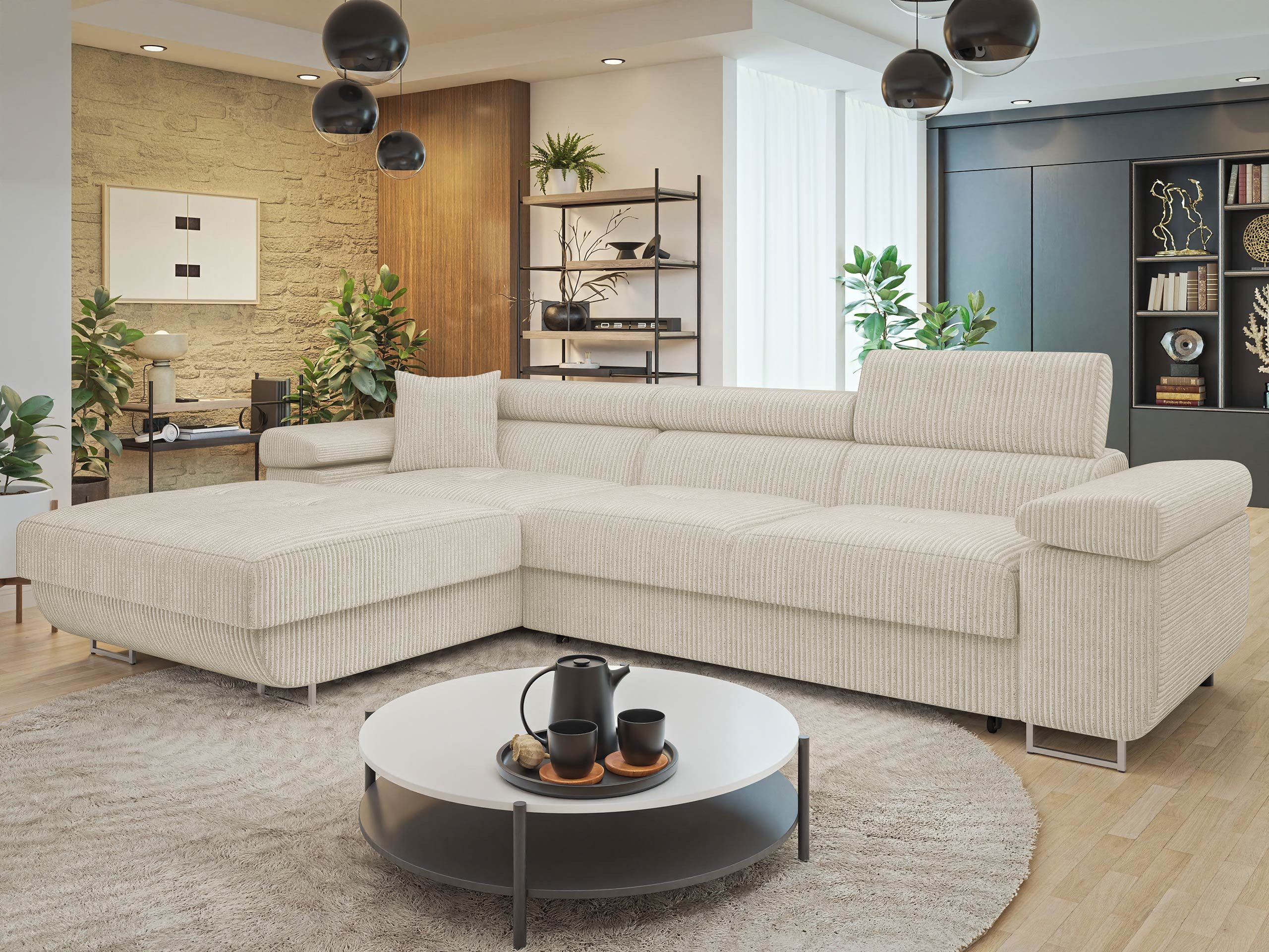 MIRJAN24 Ecksofa Torezio Mini Cord, mit Bettkasten und Schlaffunktion, Einstellbare Kopfstützen, 280x170x70-90 cm
