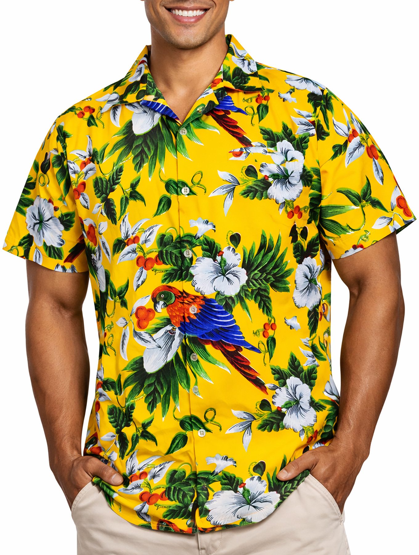 King Kameha Hawaiihemd Cherry Parrot Funky Hawaii-Hemd Herren Kurzarm Front-Tasche Sommerhemd