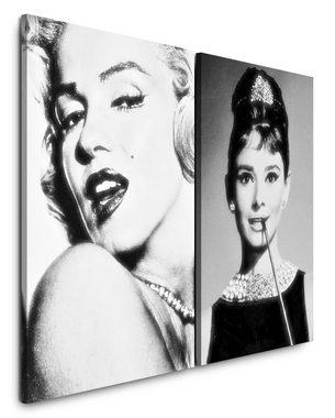 Sinus Art Leinwandbild 2 Bilder je 60x90cm Marilyn Monroe Audrey Hepburn Stars Hollywood Schwarz Weiß Legenden Feminin
