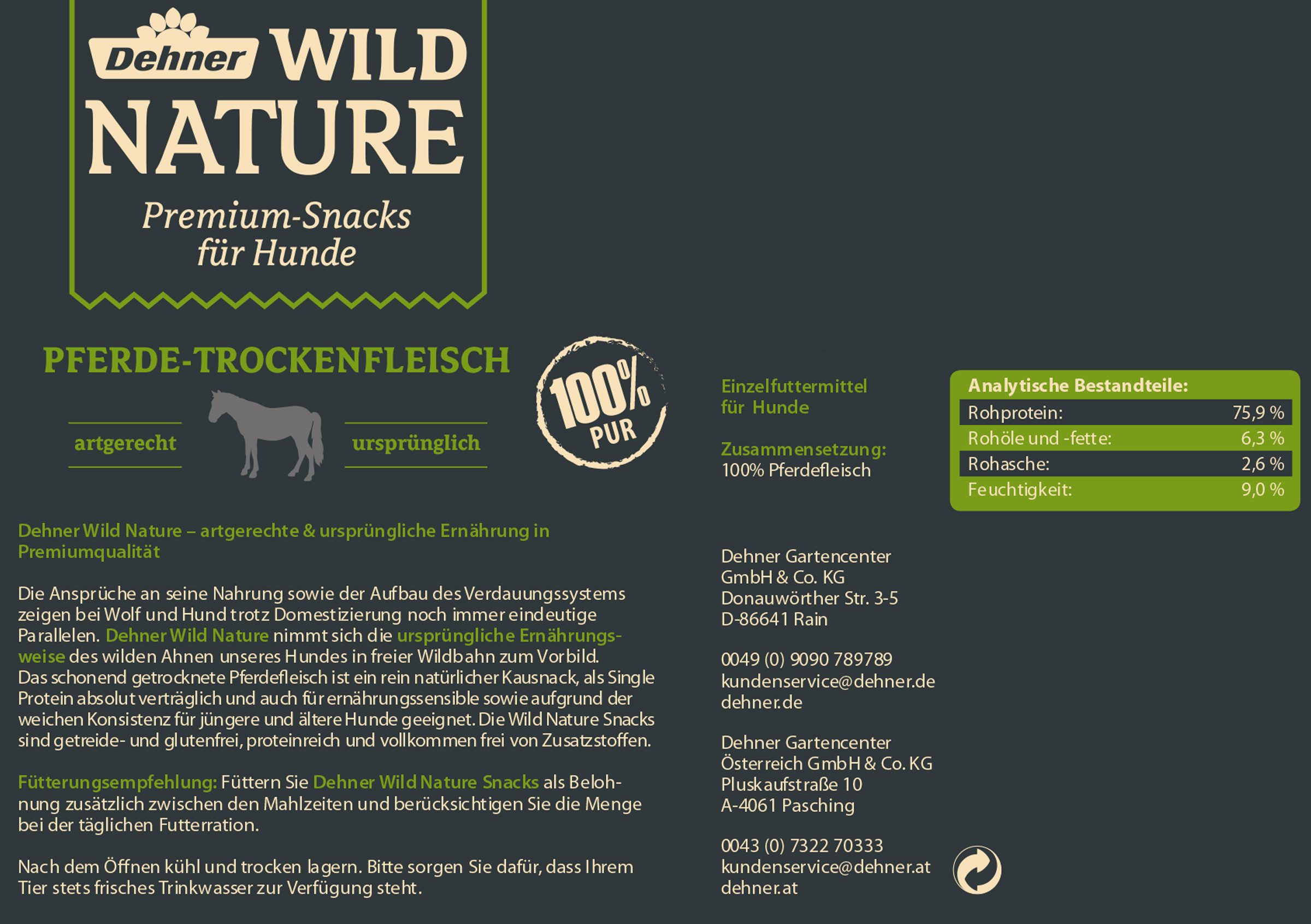Dehner Premium Trockenfleisch Pferd, 200 g, getreidefrei Pferd, Snack für: Hunde, Kausnack für ausgewachsene Hunde