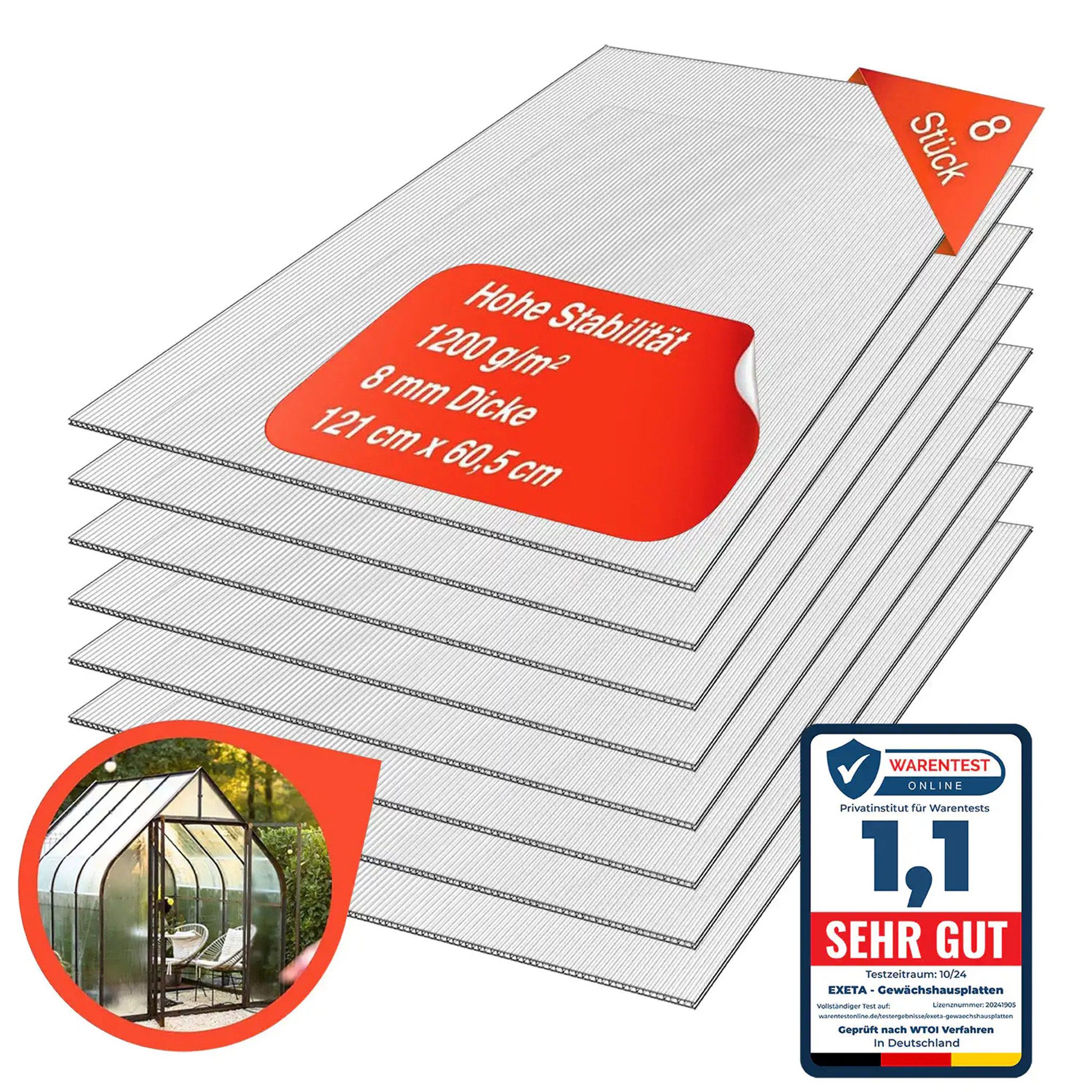 exeta Hohlkammerplatte Gewächshausplatten 8mm 8 Stück I 60,5 x 121 cm Polycarbonatplatten, 5,85 m², (Spar-Set, 8x 8mm)
