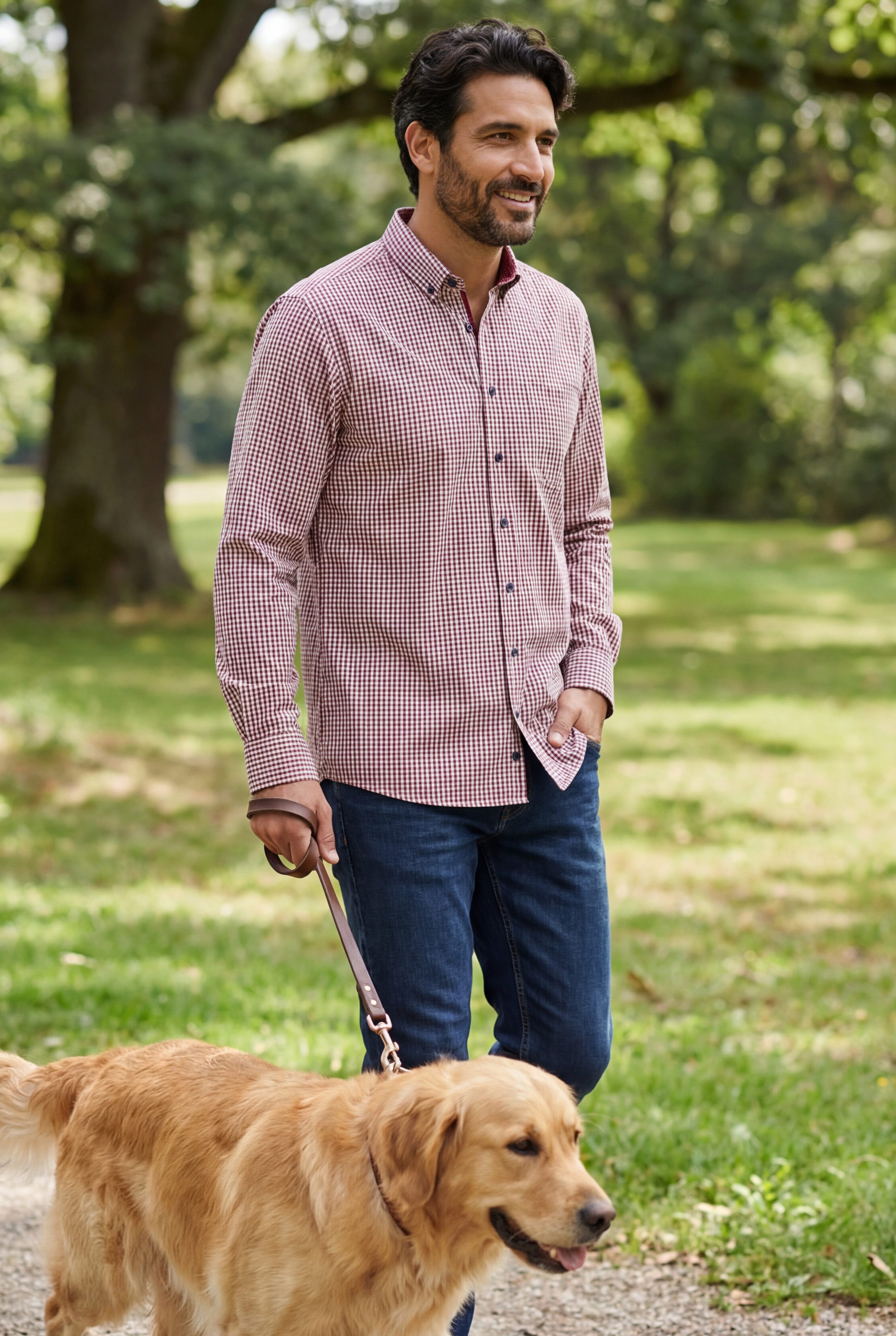 Haupt Langarmhemd Modern Fit Langarm Popeline-Herrenhemd Karo Bordeaux Trachten Style