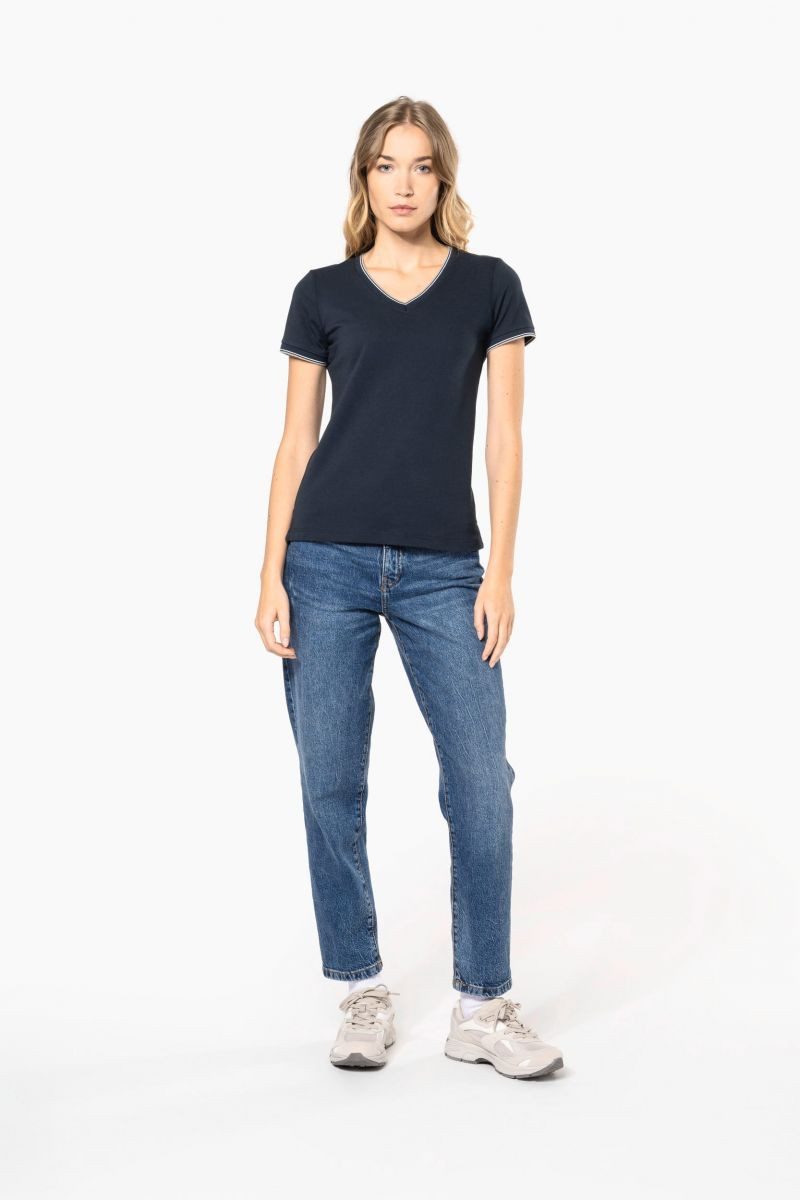 Kariban Rundhalsshirt Damen T-Shirt Ladies piqué knit V-neck T-shirt