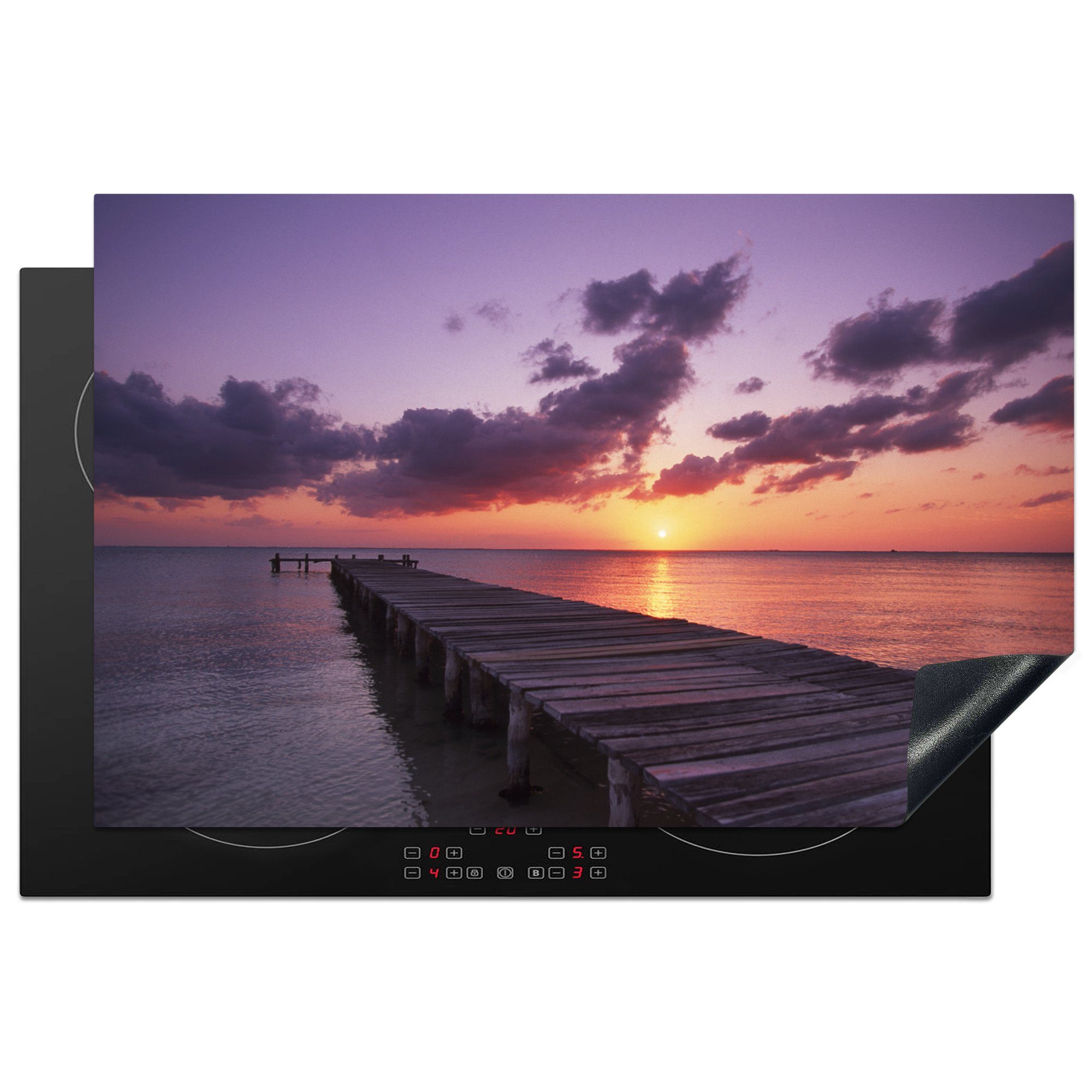 MuchoWow Herdblende-/Abdeckplatte Pier bei farbenfrohem Sonnenuntergang am Strand von Isla Mujeres in, Vinyl, (1 tlg), 81x52 cm, Induktionskochfeld Schutz für die küche, Ceranfeldabdeckung
