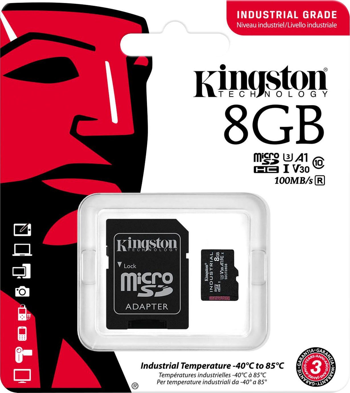 Kingston INDUSTRIAL microSD 8GB + SD Adapter Speicherkarte (8 GB GB, UHS-I Class 10, 100 MB/s Lesegeschwindigkeit)