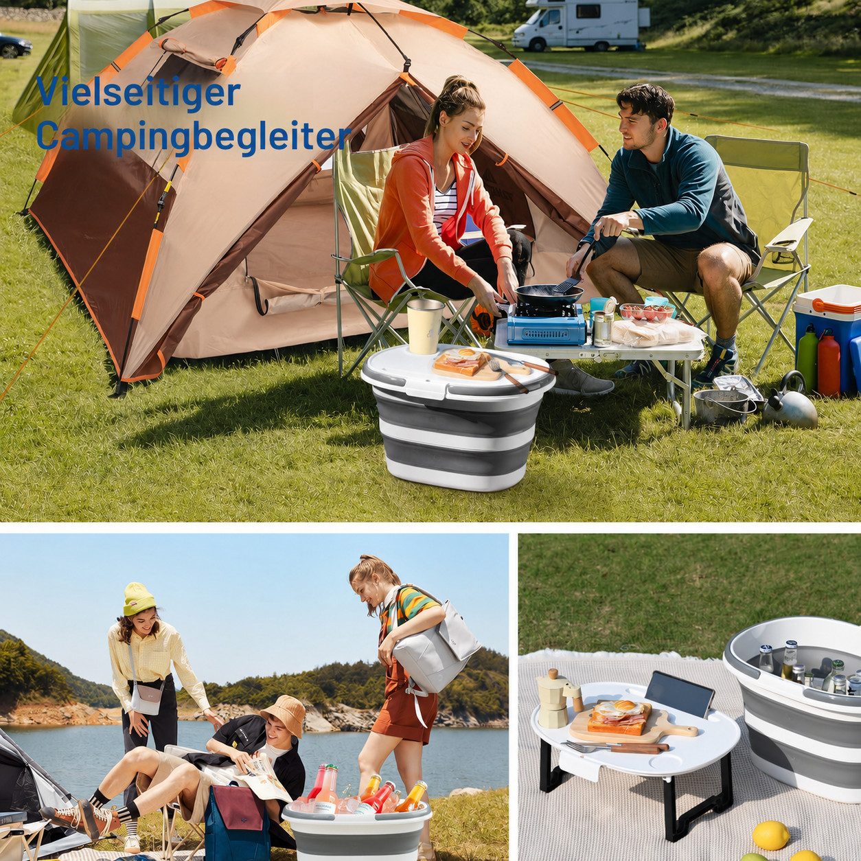 SURFOU Falteimer Faltbarer Silikon-Eimer 16L mit Griff & Deckel, auch als Picknickkorb, Platzsparend, tragbar, mit Griff & Deckel, für Camping & Reisen – Bild 5 von 5