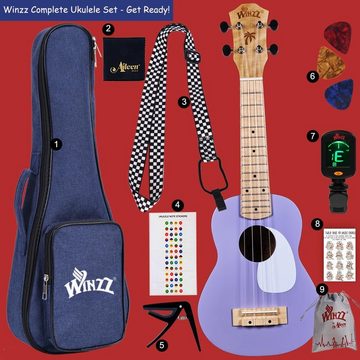 Winzz Konzertgitarre Ukulele Anfänger Set, mit 9 Zubehör, Sopran-Ukulele mit Aquila-Saiten und stilvollem Schutz Ideal für jeden
