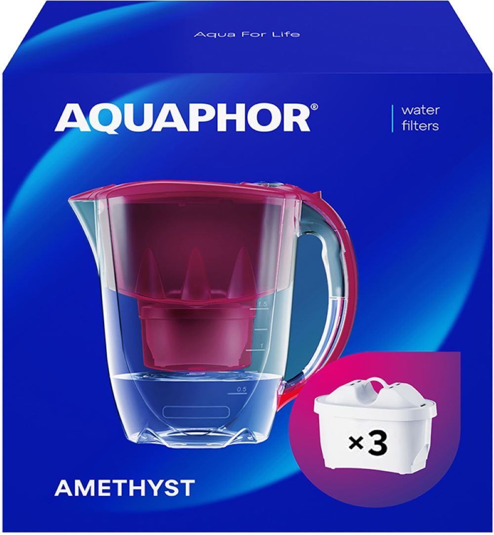 AQUAPHOR Wasserfilter SET Amethyst cherry inkl. 3 Filterkartuschen MAXFOR+, Zubehör für Filterkartuschen MAXFOR+, +H hartes Wasser & MAXFOR+ Mg. Magnesium, 200 l, Reduziert Kalk, Chlor & weiteren Stoffen. BPA frei