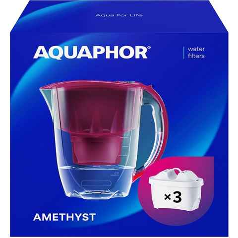 AQUAPHOR Wasserfilter SET Amethyst cherry inkl. 3 Filterkartuschen MAXFOR+, Zubehör für Filterkartuschen MAXFOR+, +H hartes Wasser & MAXFOR+ Mg. Magnesium, 200 l, Reduziert Kalk, Chlor & weiteren Stoffen. BPA frei