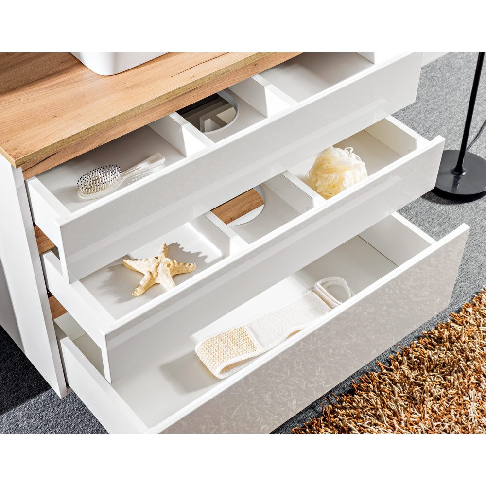 Lomadox Waschbeckenschrank CAMPOS-56 Waschtischunterschrank Hochglanz weiß mit Wotaneiche : 94/63,5/50 cm