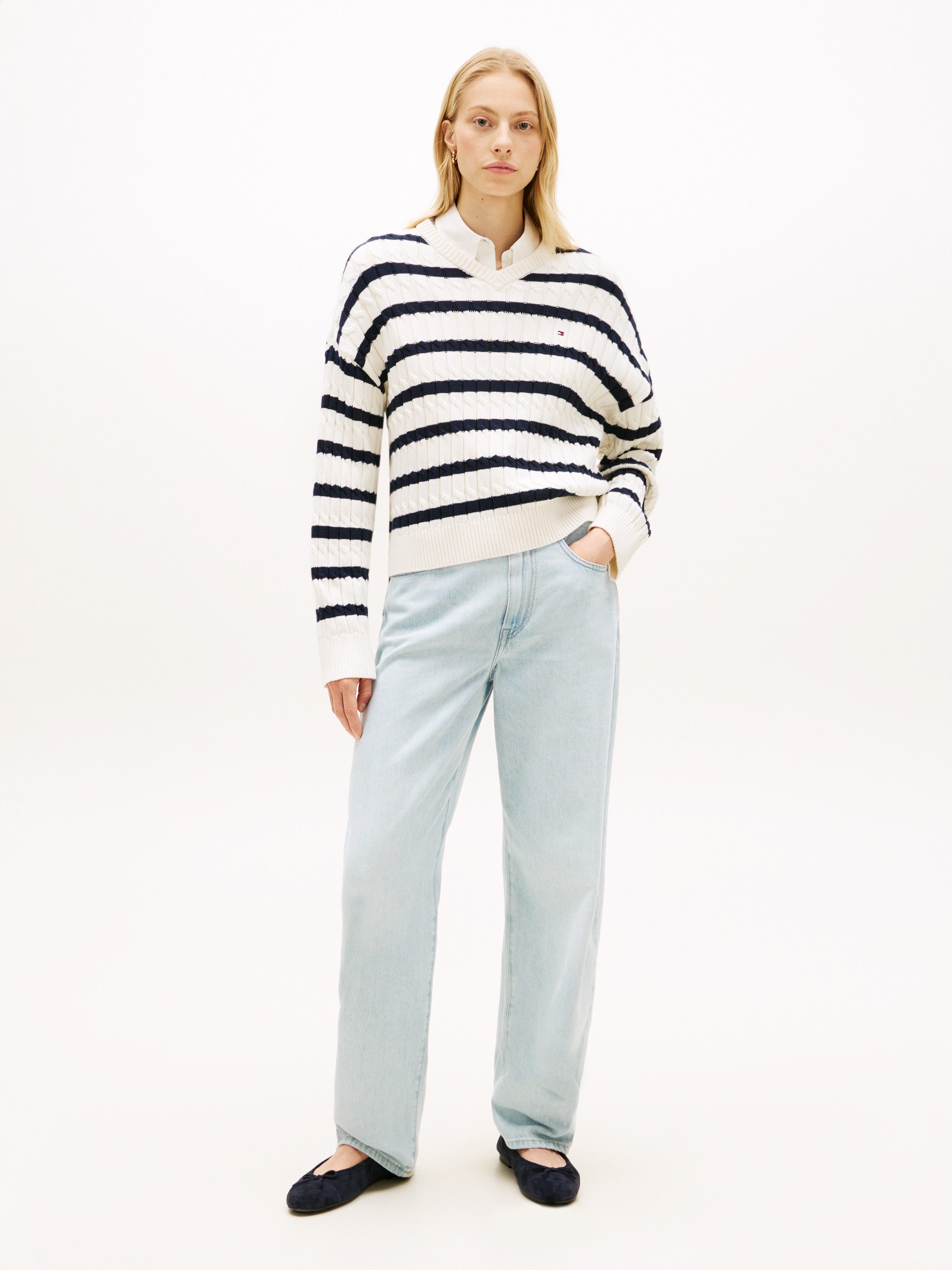 Tommy Hilfiger Strickpullover CO CABLE MID GG RLX LS V-NK SWT mit Zopfmuster