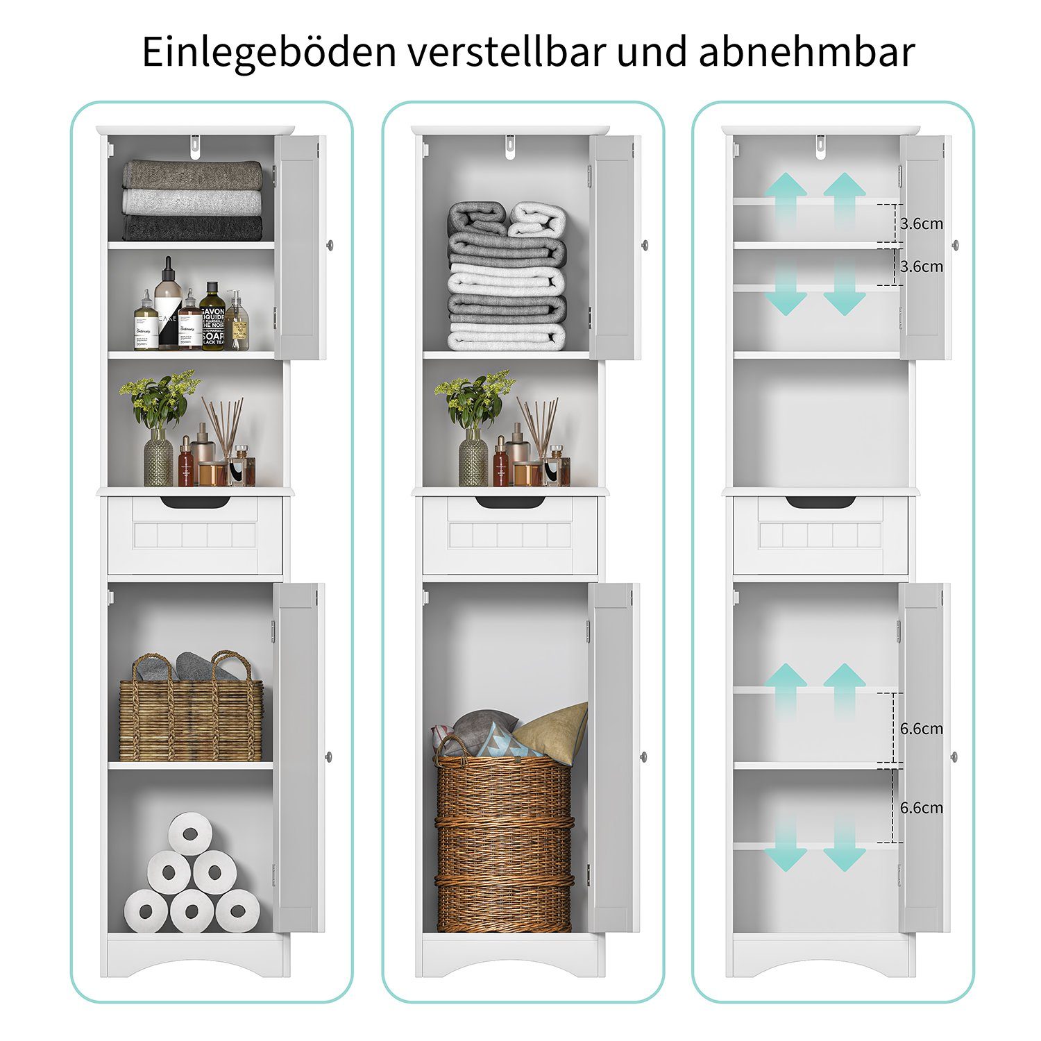 Badezimmerschrank, mit 2 Weiß Tür, Bealife 40x30x170cm Badezimmer, Schrank Hochschrank