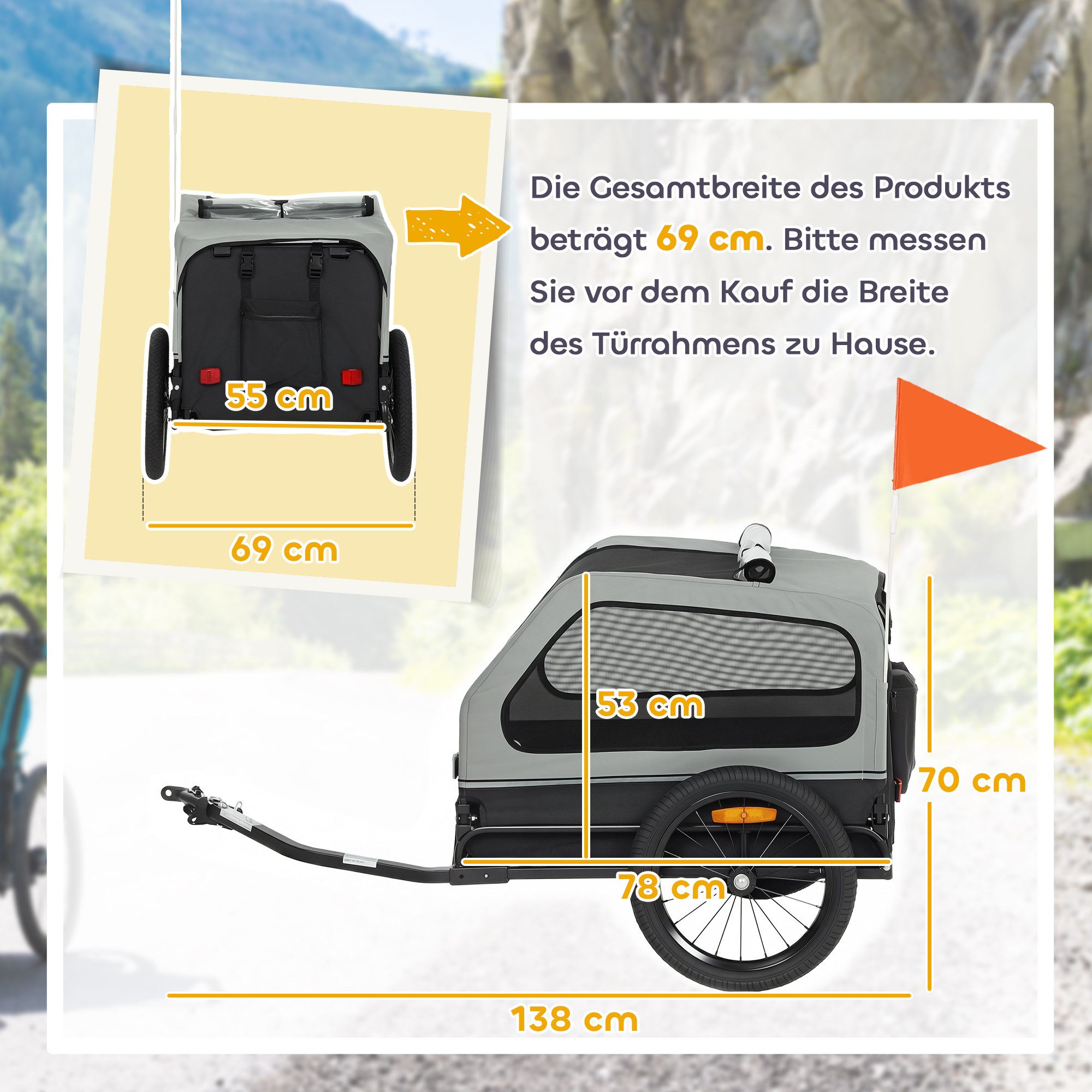PawHut Fahrradhundeanhänger Faltbar Hundeanhänger mit herunterklappbare Rampe Reflektoren Leine, für Mittelgroße Hunde bis 20kg 138 x 69 x 70 cm Grau