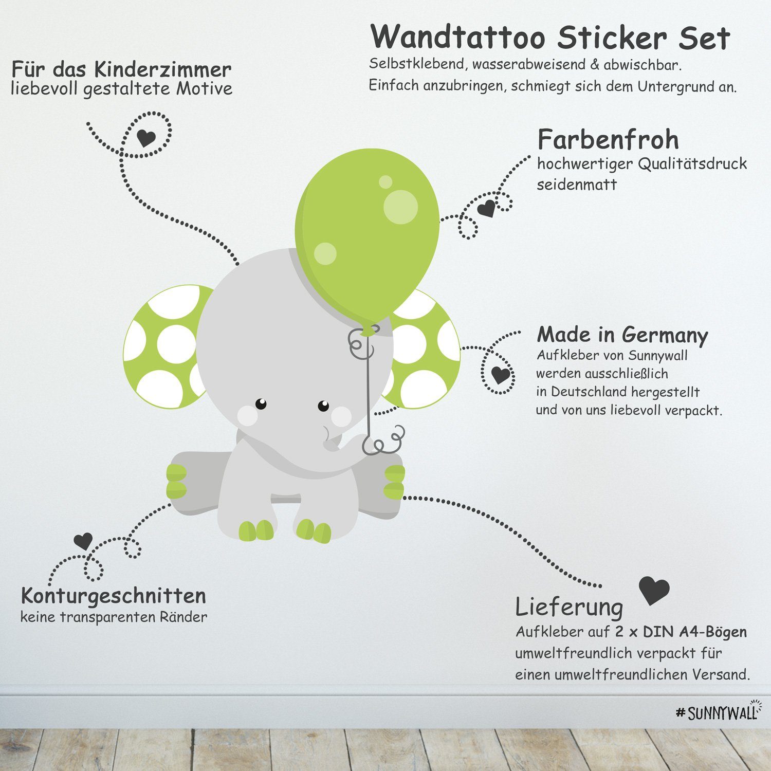 Sunnywall Wandtattoo Elefant Baby Ballons Wandsticker Wandtattoo (2 St), konturgeschnitten