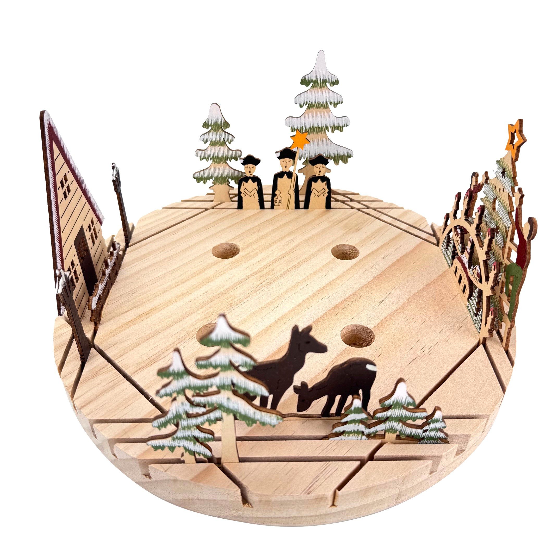 Online-Fuchs Dekotablett Adventskranz für 4 Stabkerzen zum Stecken & Dekorieren, Weihnachtsdeko (rund, 30 cm Durchmesser, Naturholz), 13 weihnachtliche Holzstecker zum individuellen dekorieren