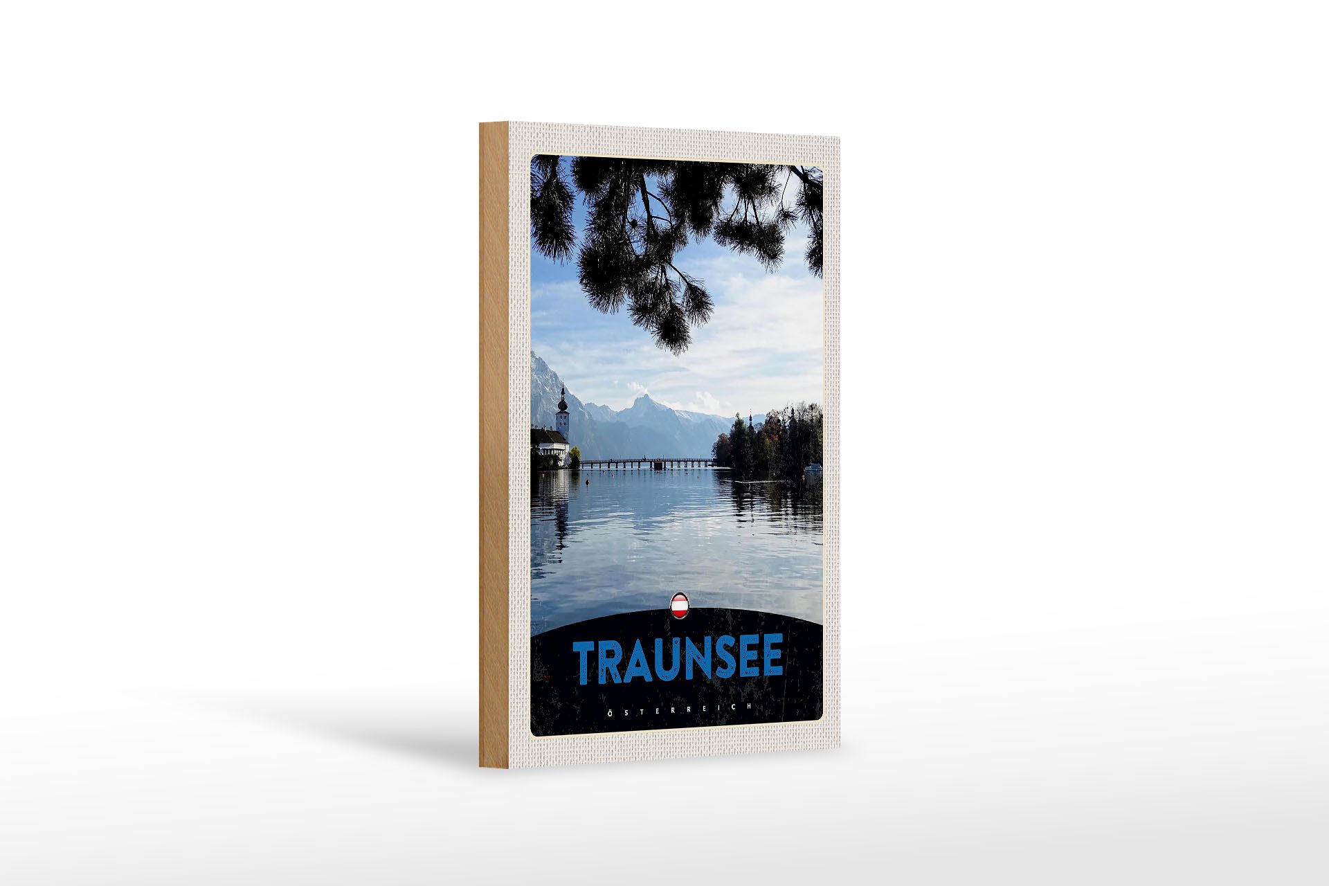 Holzbild Reise 12x18 cm Traunsee Österreich Natur Gebirge