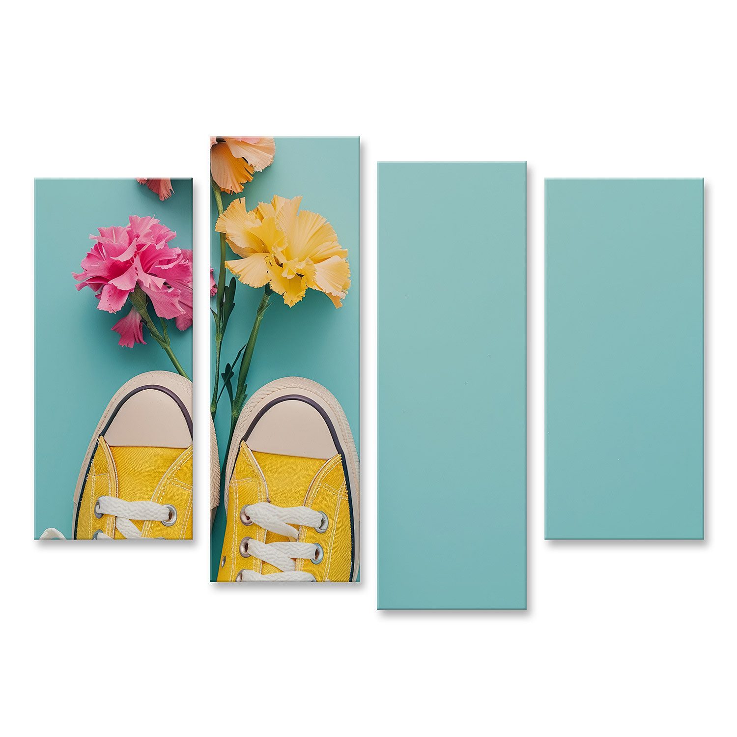 islandburner Leinwandbild Leuchtend gelbe Sneakers stechen hervor, bunte Blumen setzen verspiel