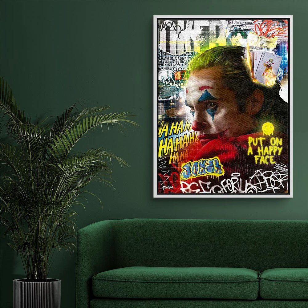 goldener Joker Leinwandbild, Pop Art Graffiti DOTCOMCANVAS® Rahmen Collage Batman Leinwandbild