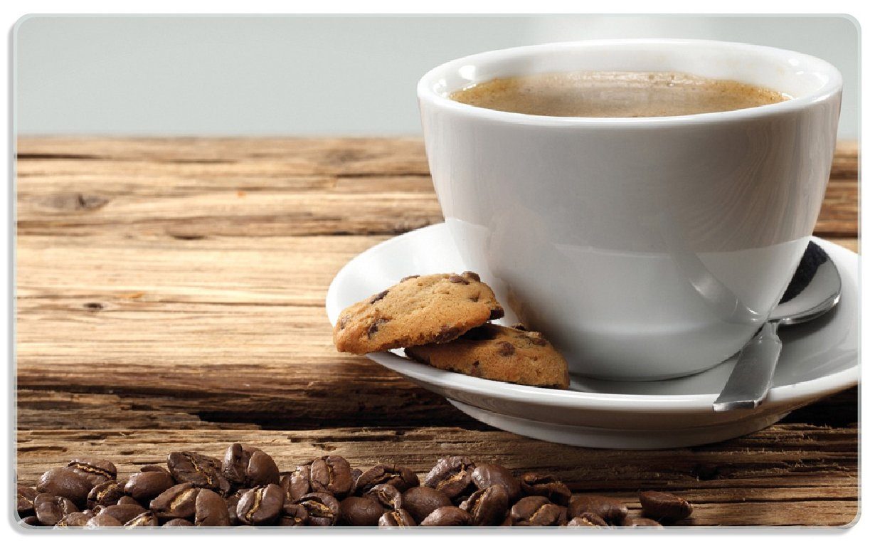 Wallario Frühstücksbrett Heiße Tasse Kaffee mit Kaffeebohnen, ESG-Sicherheitsglas, (inkl. rutschfester Gummifüße 4mm, 1-St), 14x23cm