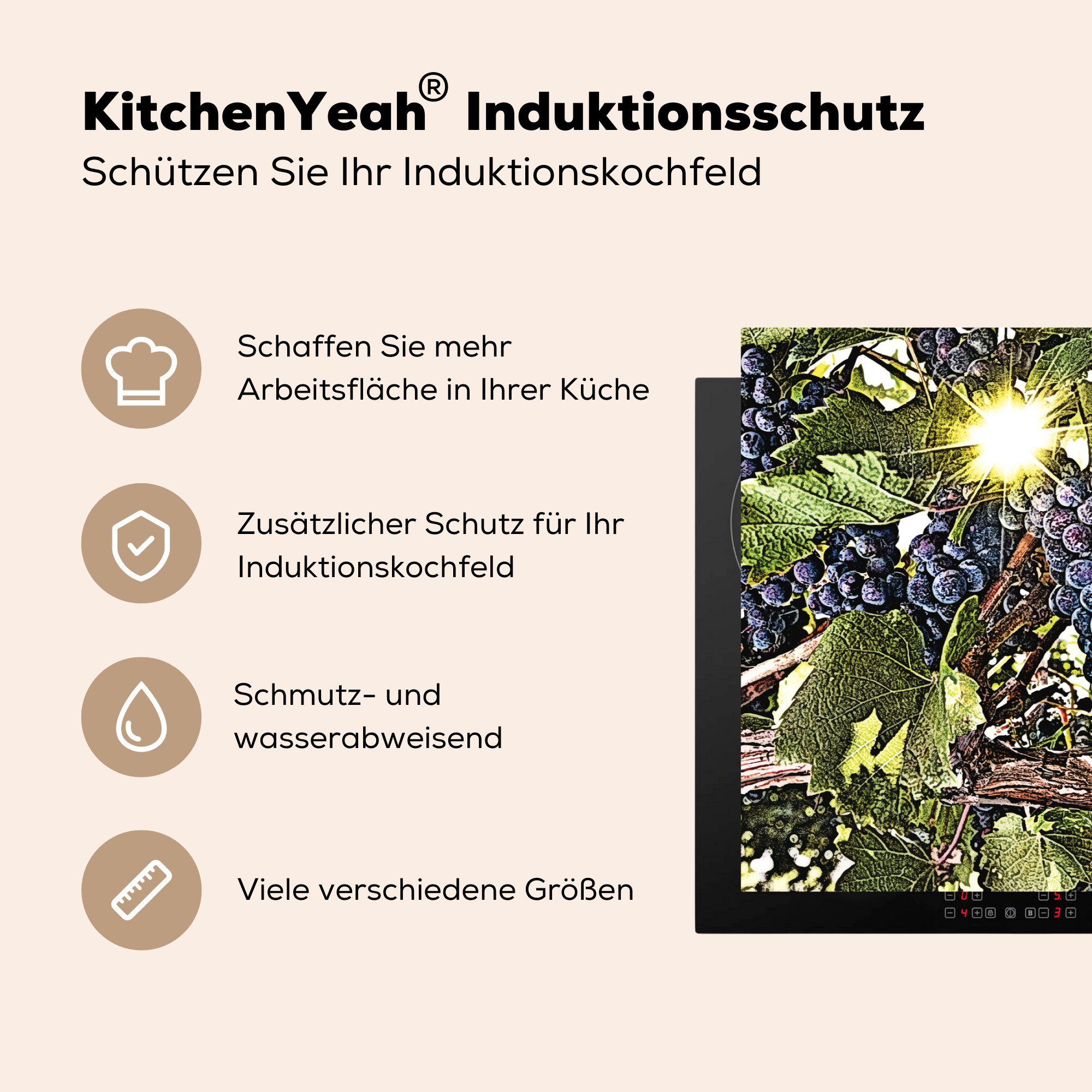 Trauben, Weinstocks Herdblende-/Abdeckplatte küche cm, MuchoWow Illustration voller (1 Arbeitsplatte 83x51 Vinyl, tlg), Ceranfeldabdeckung, für Eine eines