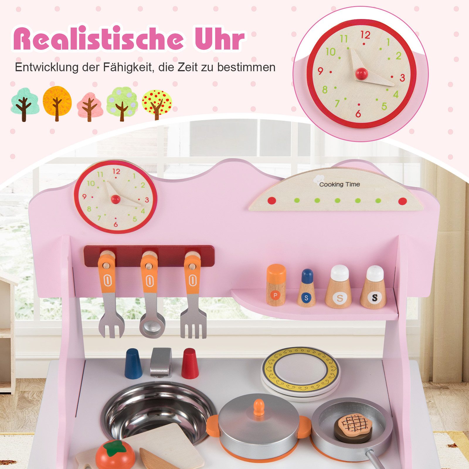 COSTWAY Spielküche MDF, Massivholz, Edelstahl, Mit Uhr, Herd, Gewürzregal, Wasserhahn, Spüle & Ofen