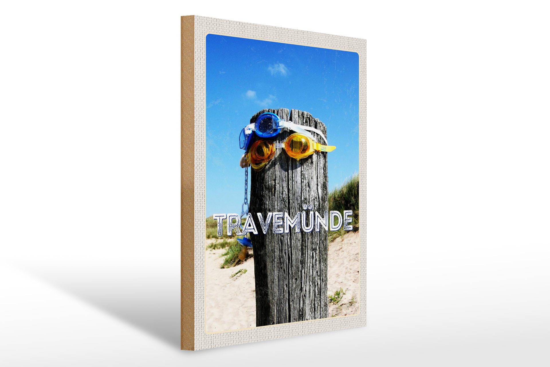 Holzbild Reise 30x40cm Travemünde Schwimmbrille Schnuller