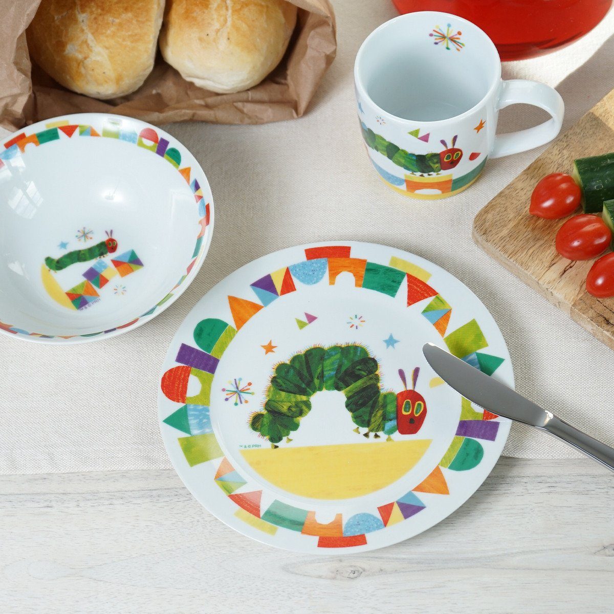Geda Labels GmbH Kindergeschirr-Set Raupe Nimmersatt 3tlg. (3-tlg), Porzellan, Grün, 24x9,8x14,5, spülmaschinengeeignet