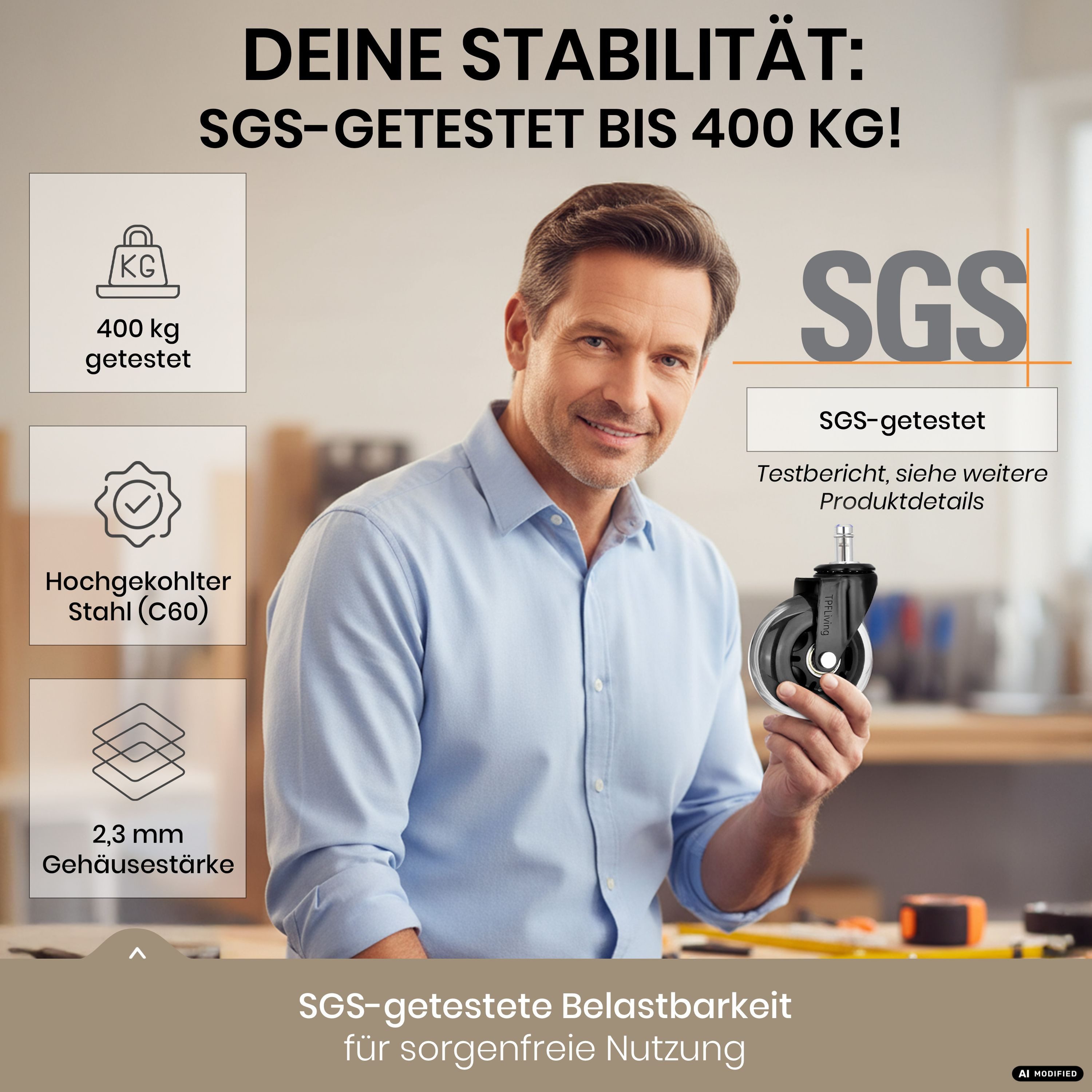 TPFLiving Stuhlrolle TPFLiving Bürostuhlrollen - Stuhlrollen Premium - 10 Jahre Garantie, (5-St., 5er Set Rollen für Bürostuhl 11x22mm - Invictus ProGlide trans – Bild 2 von 5