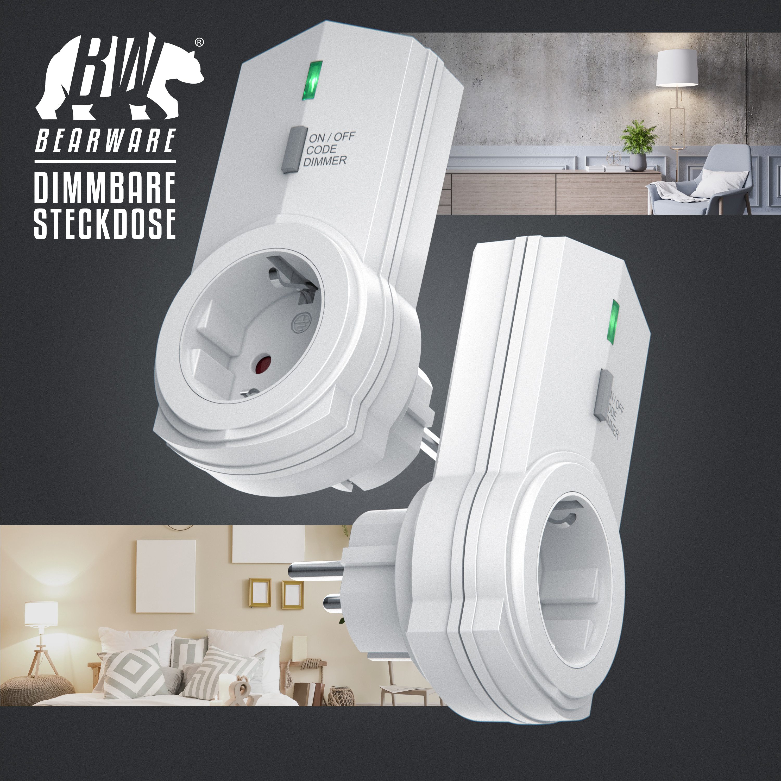 BEARWARE Funksteckdose Dimmbare Funk Steckdosen 2er Set mit Fernbedienung, IP20, Dimmbar, 2er Set mit Fernbedienung, Innenbereich, Berührungsschutz