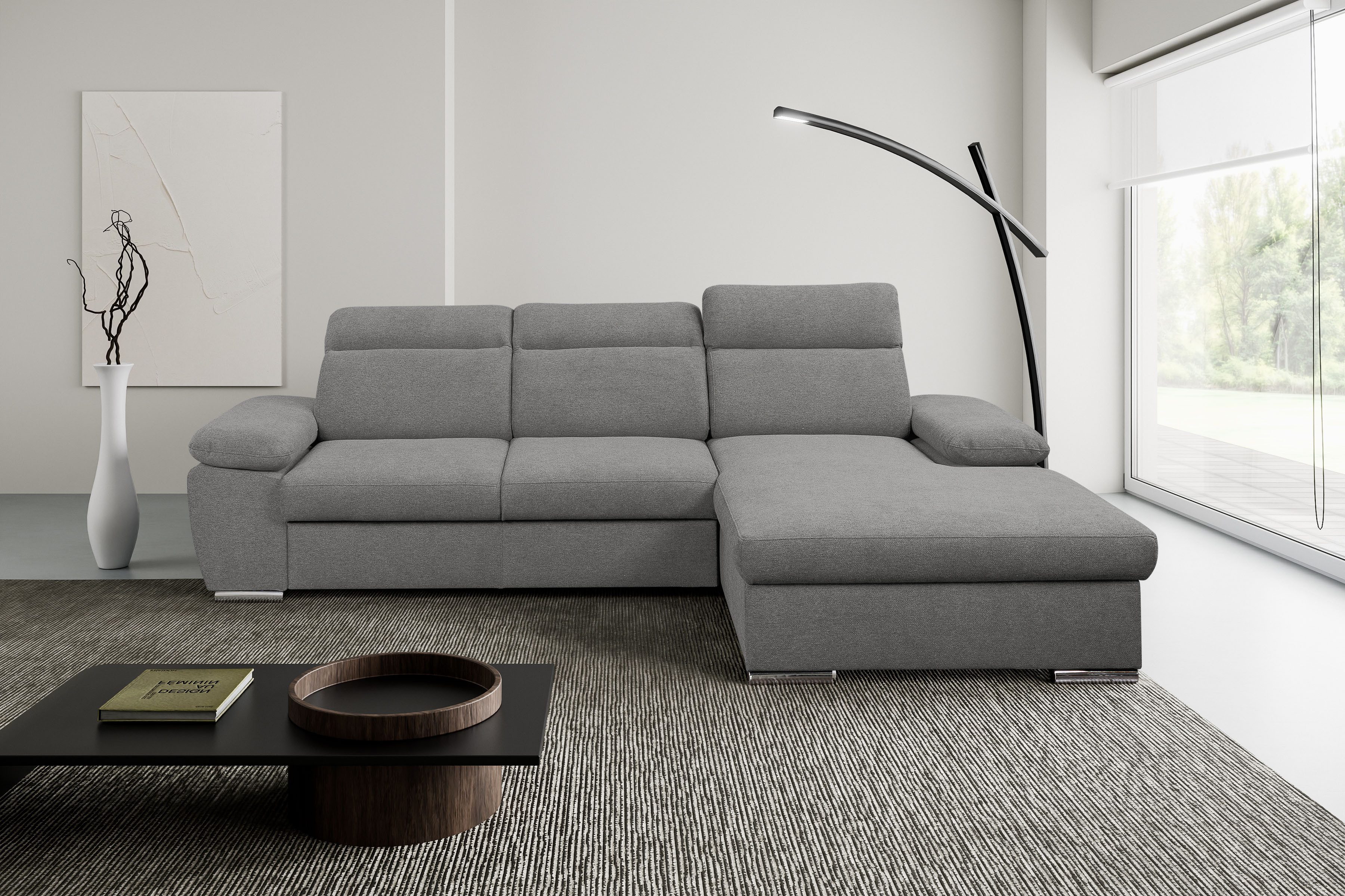 WERK2 Ecksofa Palma 282 x 185 cm, Bett und Bettkasten, Kopfteilverstellung, bequem, Strukturstoff, L-Form, XXL, Schlaffunktion, Bettkasten