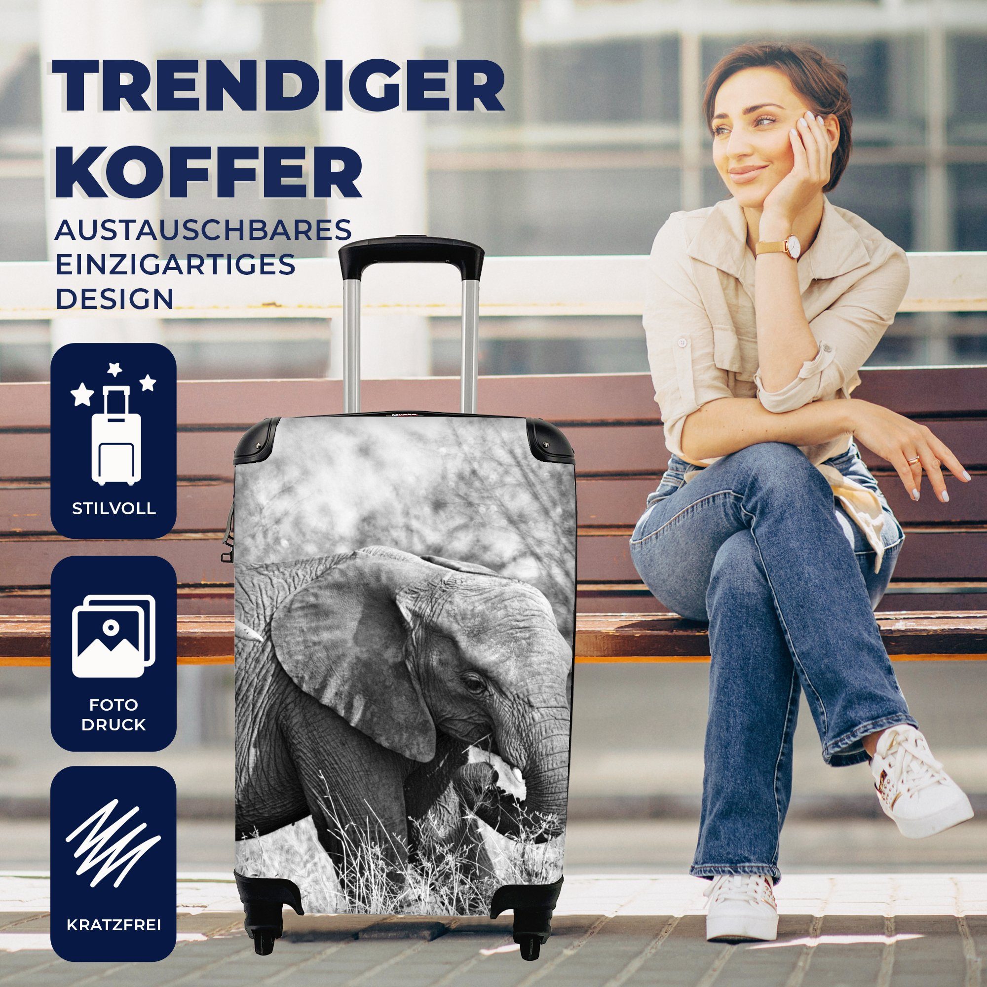 MuchoWow Handgepäckkoffer Elefant Gras Ferien, 4 mit Trolley, Handgepäck Tiere - weiß, Reisekoffer rollen, - Schwarz - Reisetasche Rollen, und für