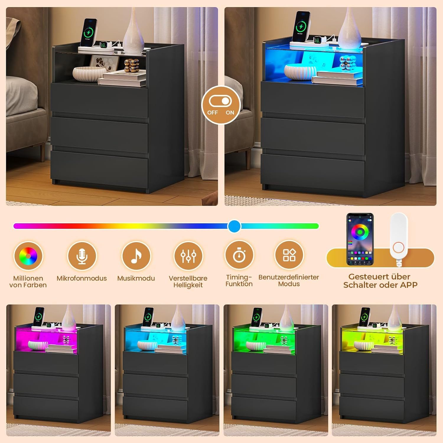 MSMASK Nachttisch mit LED-Beleuchtung und Steckdosen, 3 Schubladen, 45x35x61cm (2-St), Nachtschrank mit Sichtbarer Glastischplatte – Bild 3 von 5