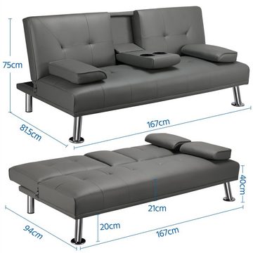 Yaheetech Schlafsofa Bettsofa Couch mit Tassenhalter Gästebett 167 x 81,5 x 75 cm, Rückenlehne neigbar 105°/140°/180°, 350 KG belastbar