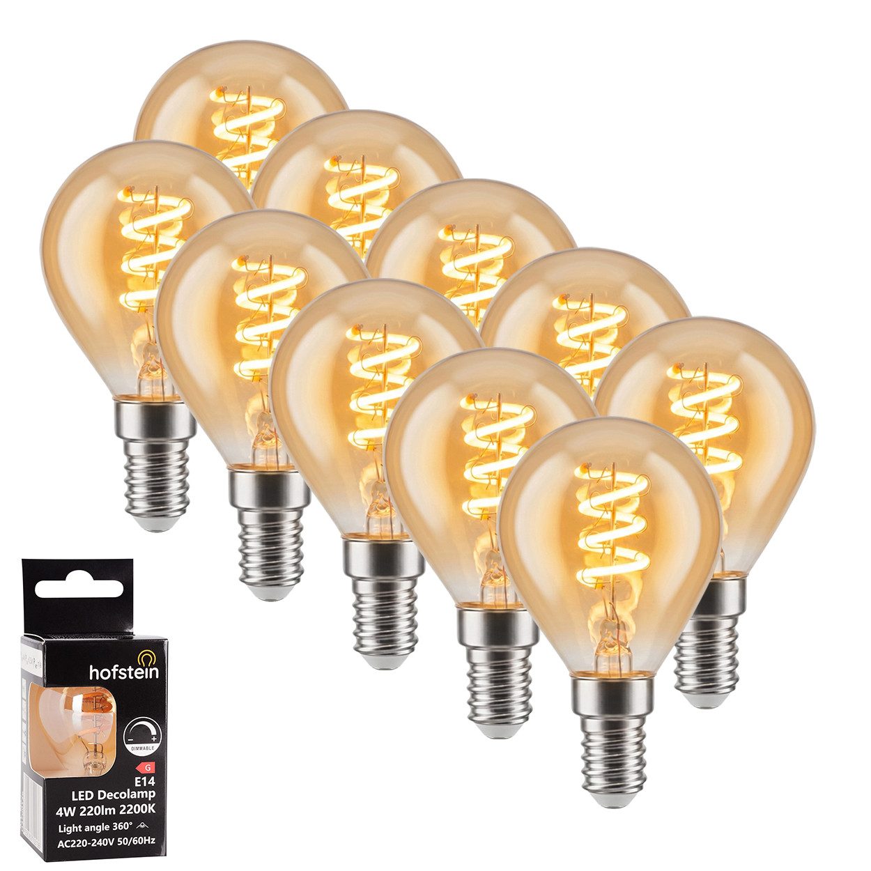 hofstein LED-Leuchtmittel 10er Set Glühbirne Extra Warmweiß dimmbar 4 Watt, E14, 2200 Kelvin, 220 Lumen, Kerze, Filament Spirale, Amber
