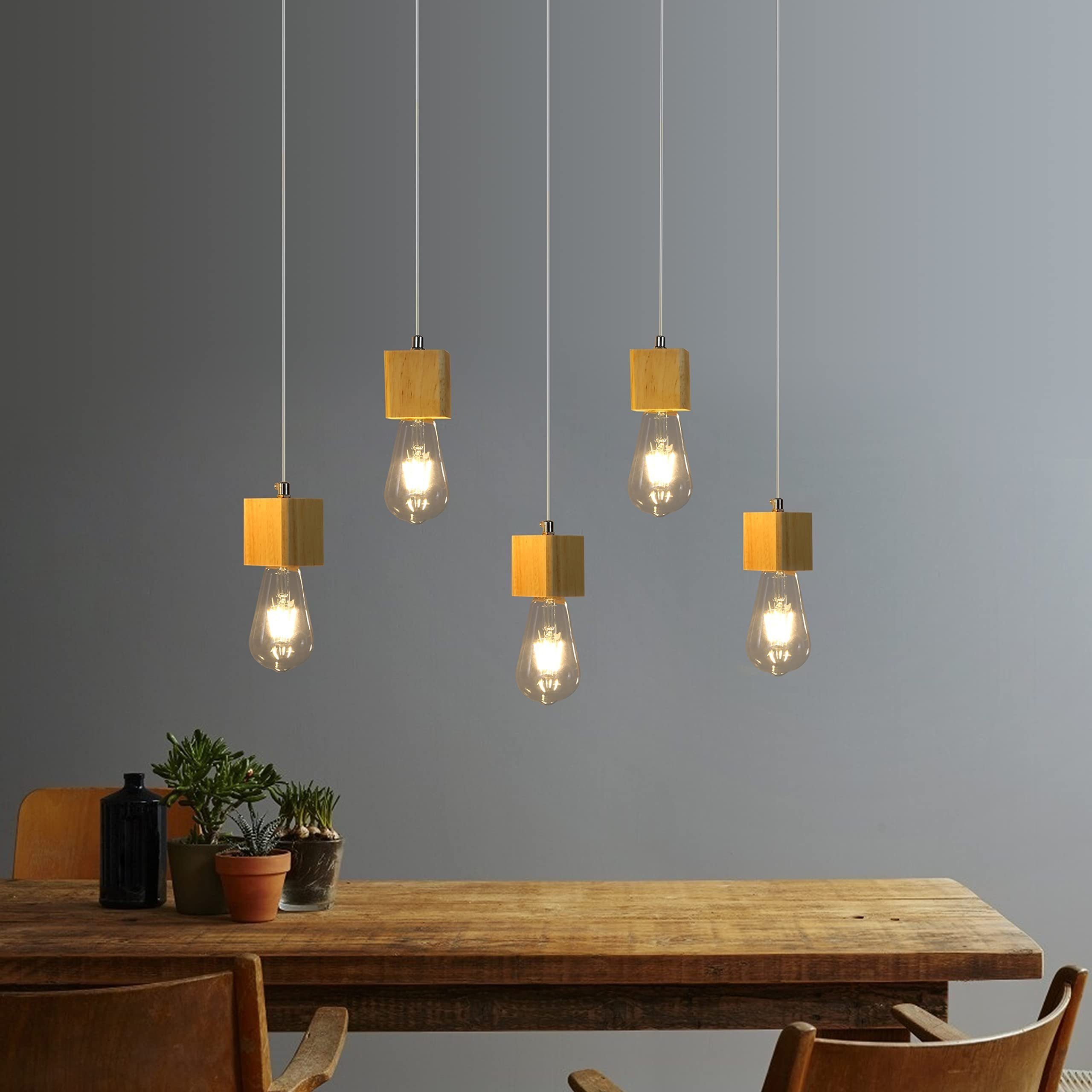 ZMH Pendelleuchte Holz 5 flammig Höhenverstellbar E27 Esszimmer Wohnzimmer, LED wechselbar, Warmweiß