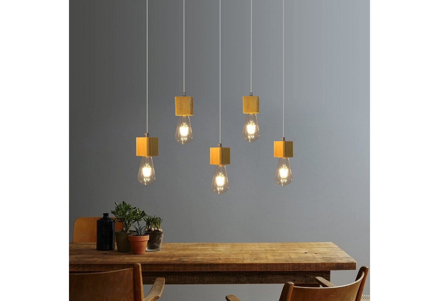 ZMH Pendelleuchte Holz 5 flammig Höhenverstellbar E27 Esszimmer Wohnzimmer, LED wechselbar, Warmweiß
