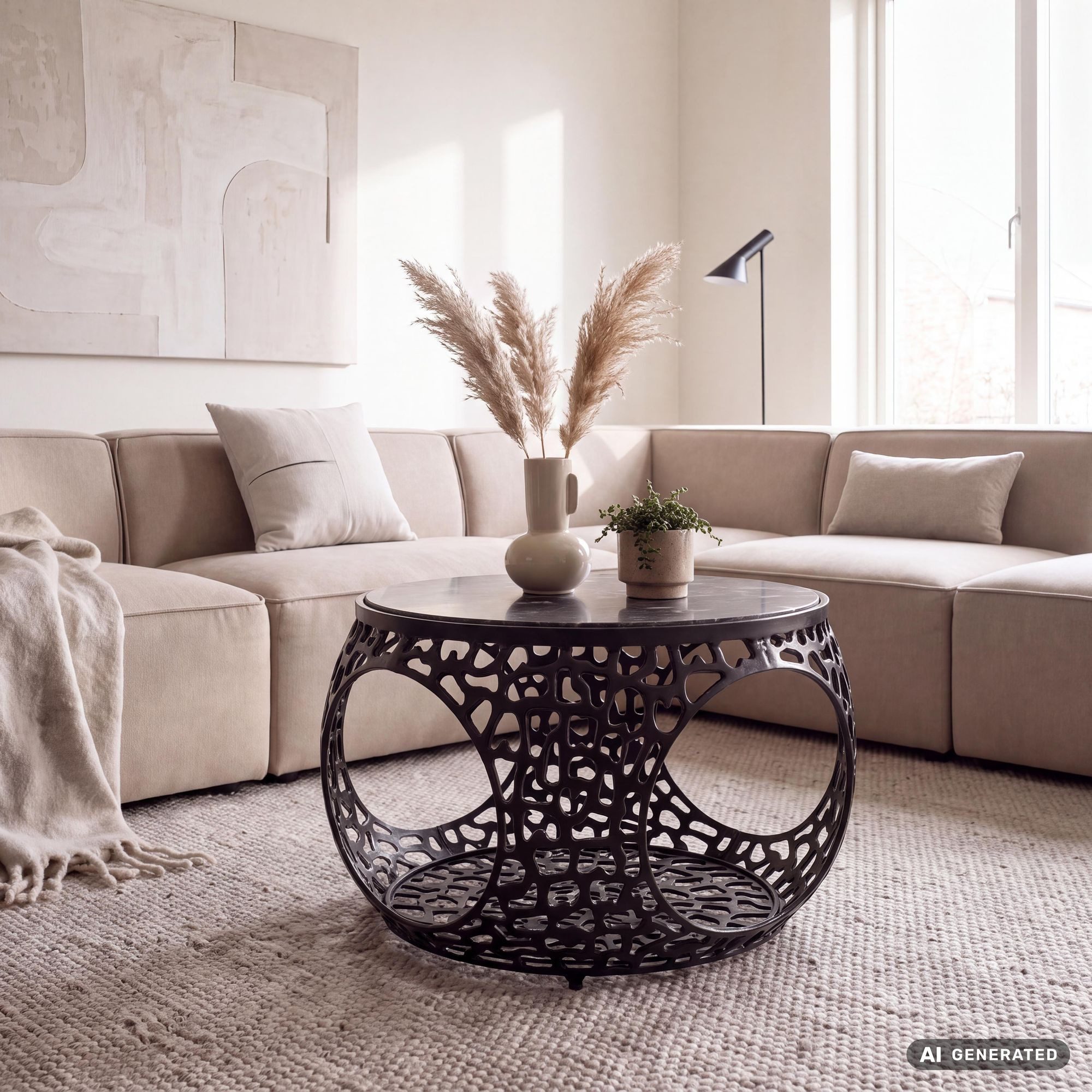 FINEBUY Couchtisch FB119119 Sofatisch Marmor Wohnzimmertisch 60cm rund Tisch Stauraum (Edles Möbelstück mit massiver Gesteinsplatte), Bauchiges Metallgestell als Blickfang
