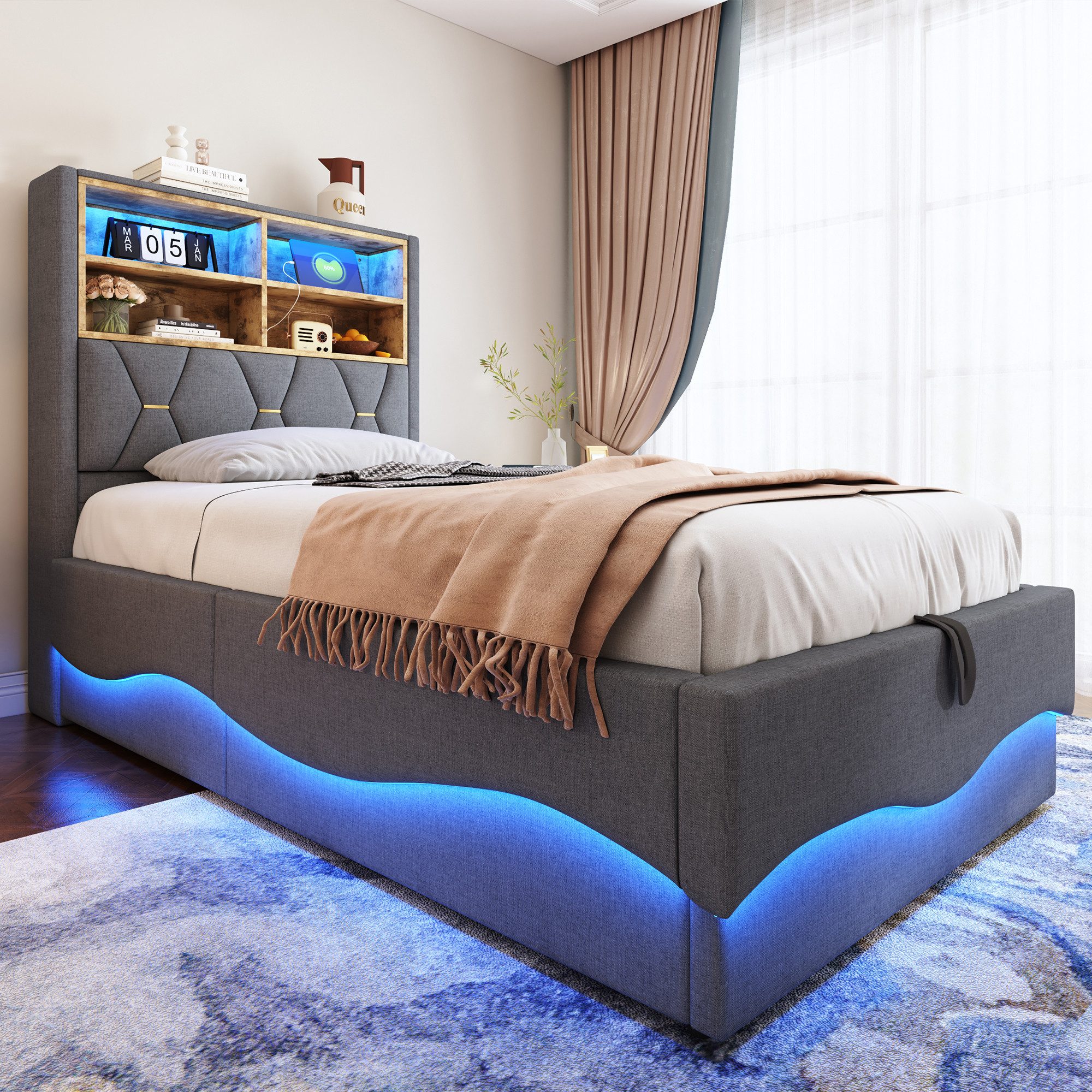 Merax Polsterbett (Kinderbett Jugendbett Einzelbett mit Metall-Lattenrost, 1-tlg), Hydraulisches Stauraumbett 90x200cm mit LED, USB und Ablagefächern