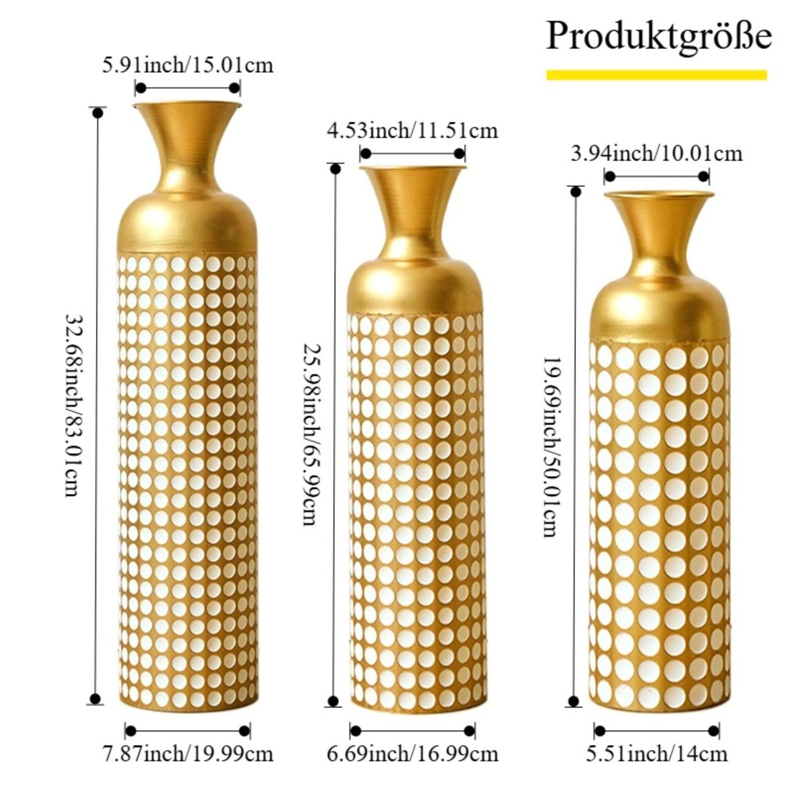 Celya Bodenvase Boden bis zur Decke reichende Vase – 83/65/50 cm hohes Metallvasen Set (für Wohnzimmer und Schlafzimmer, mit Pampasgraszweig, vom Boden bis zur Decke reichend), 3 Retro-Vasen vom Boden bis zur Decke, hohe dekorative Vase