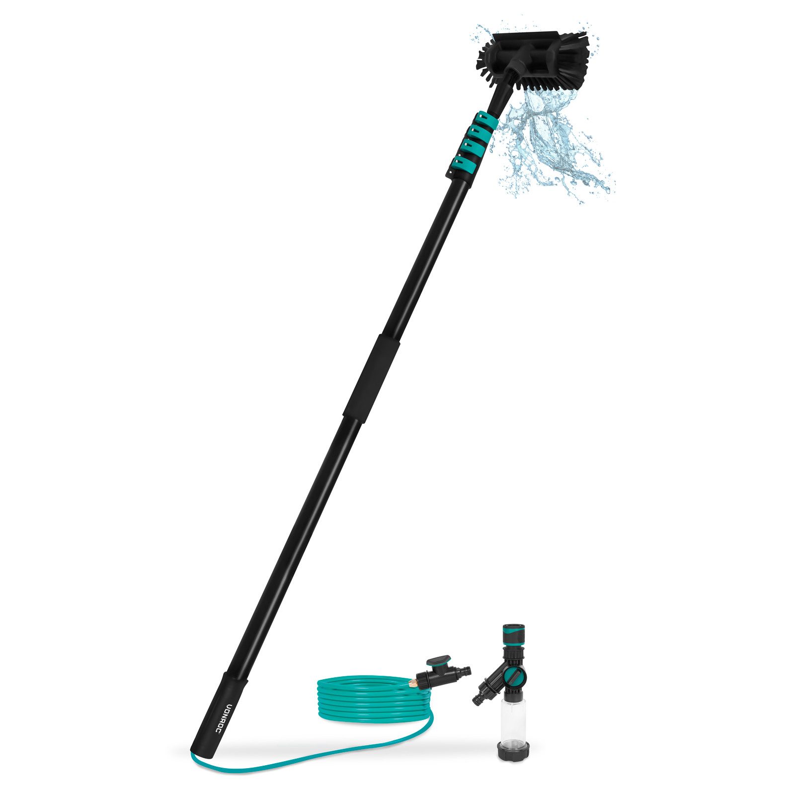 VONROC Reinigungsbürste Teleskop Waschbürste mit Teleskopstiel, Reinigung für Fenster, Terrassendach, Solaranlage, (Packung), Integrierter Wasserschlauch, Stufenlos verstellbar